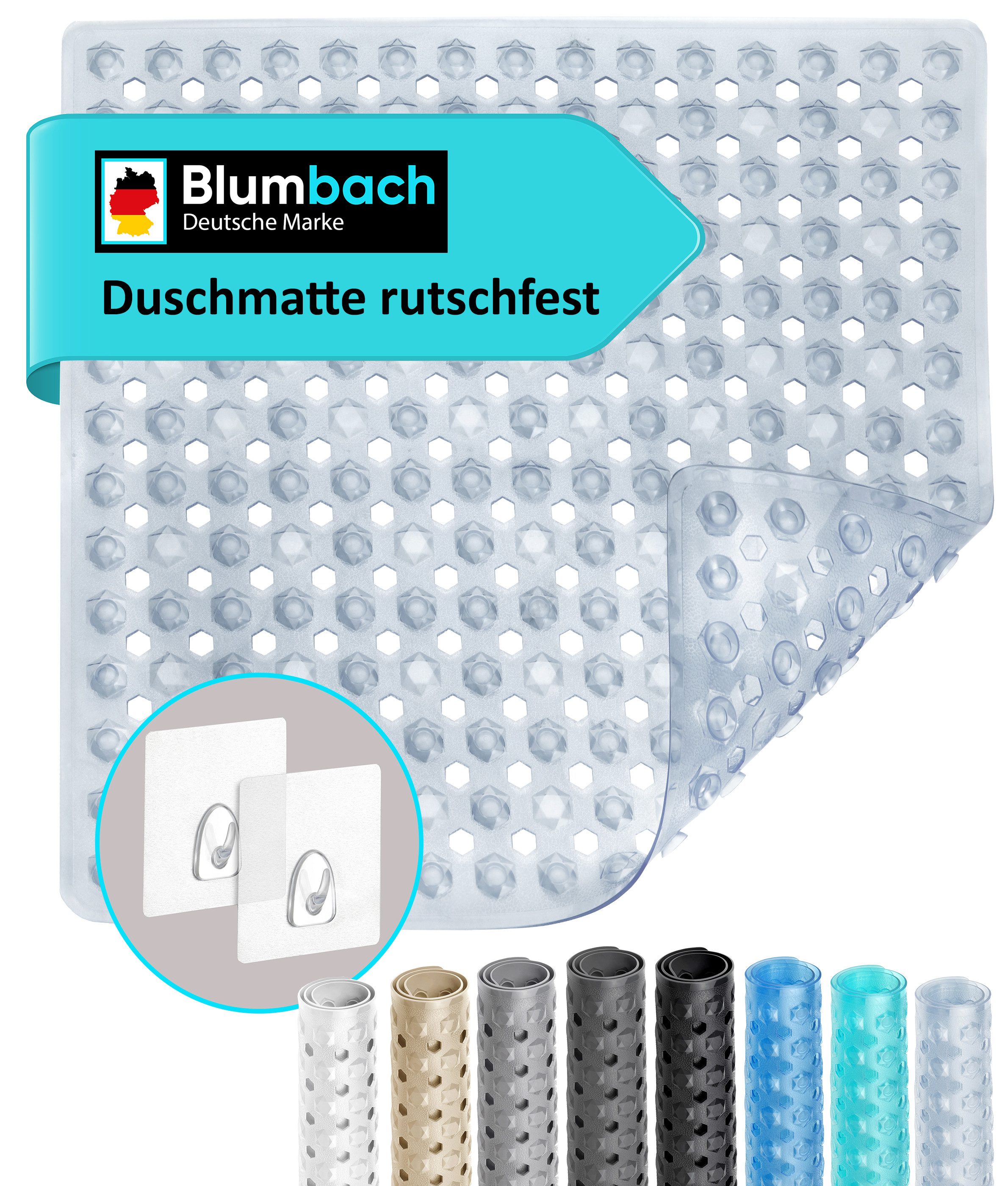 Blumbach Duschmatte - griffige Antirutschmatte Diamant 53 x 53 cm, - 100% BPA-frei, inkl. 2 Haken zum Aufhängen, Duscheinlage, schimmelressisten & maschinenwaschbar