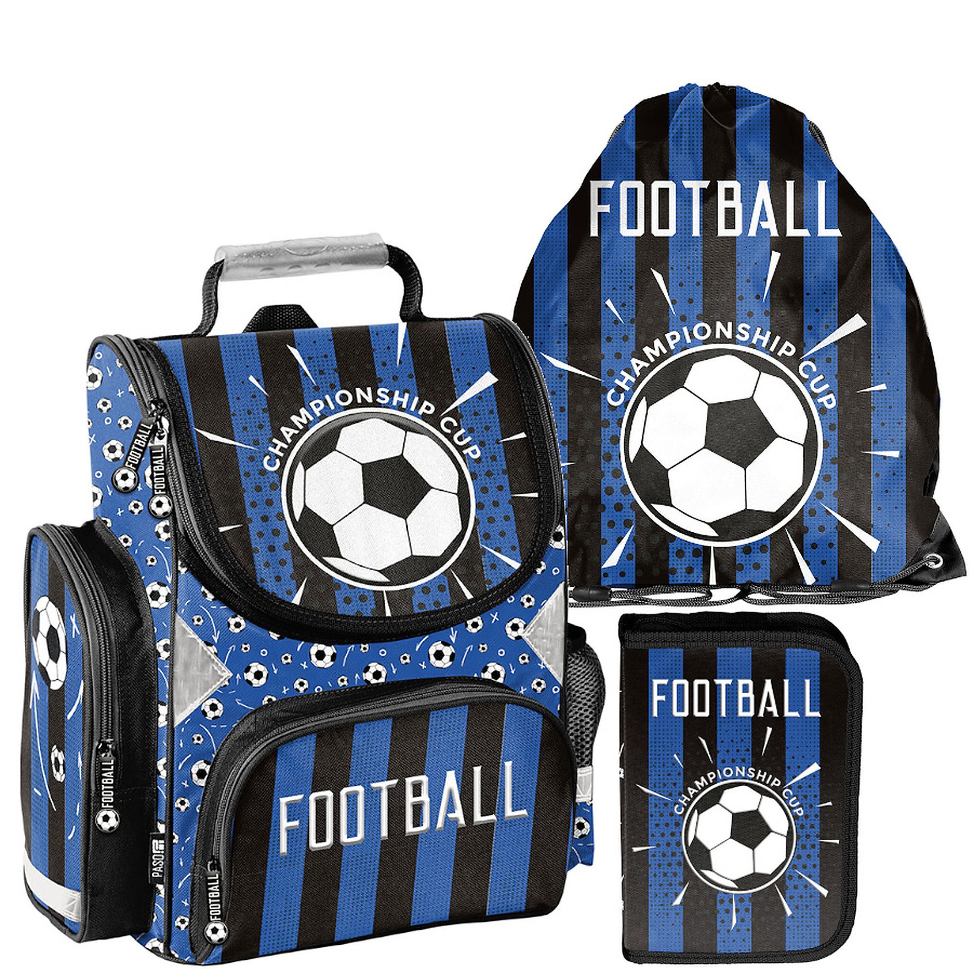PASO Schulrucksack (Schulset, 3-tlg), Fußball, 3-tlg. Set, Schwarz