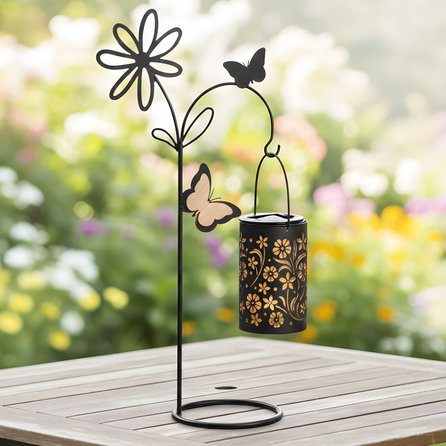 Dekoleidenschaft LED Laterne "Blüten" mit Ständer, Metall, schwarz, Solar Outdoor Hängelaterne, Gartenlaterne für Draußen, wetterfest, Solarlaterne Außen, Solarlampe