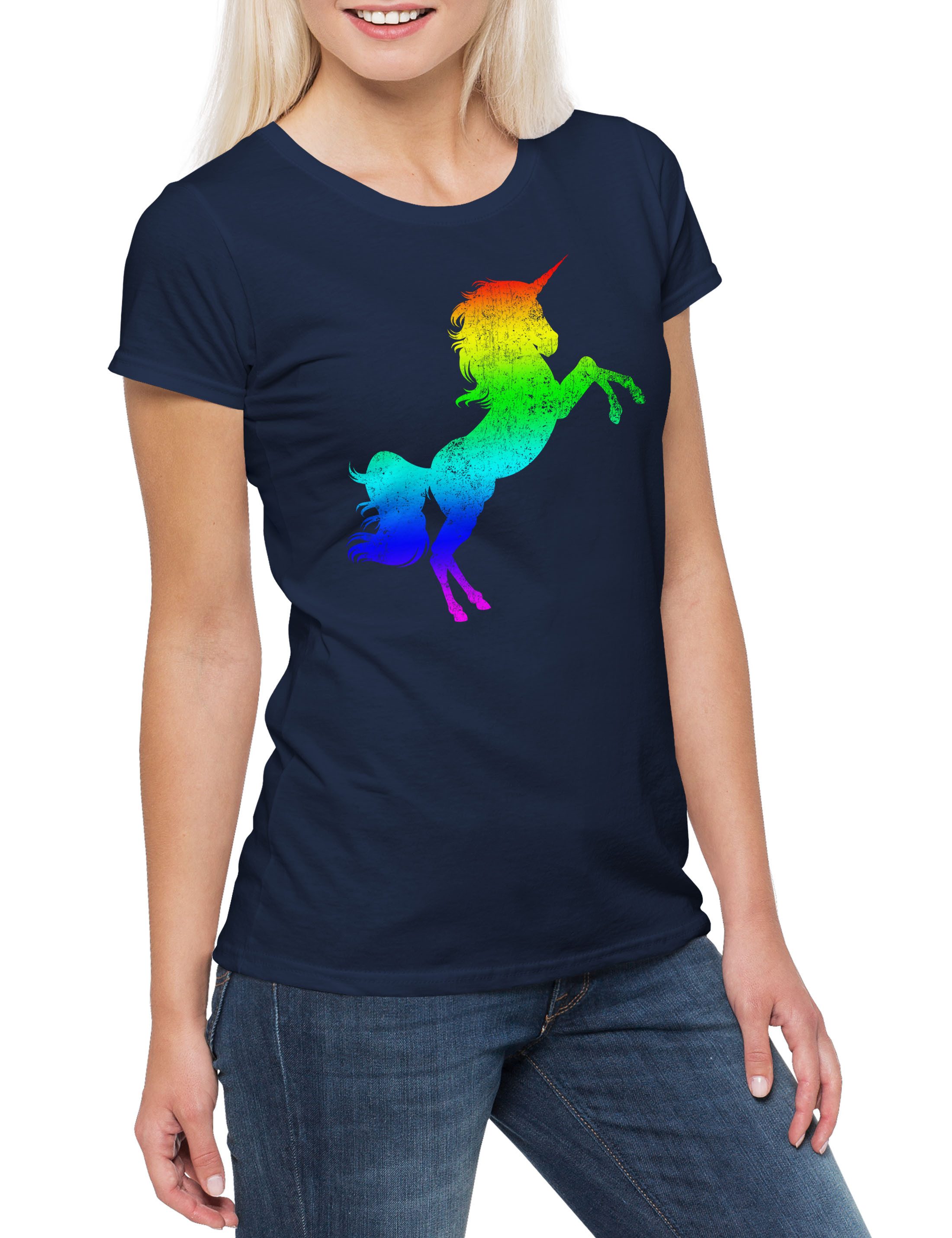 Urban Backwoods Print-Shirt Rainbow Unicorn Damen T-Shirt Regenbogen Einhorn Einhörner Toon (1-tlg) Cartoon Comic Look Farben