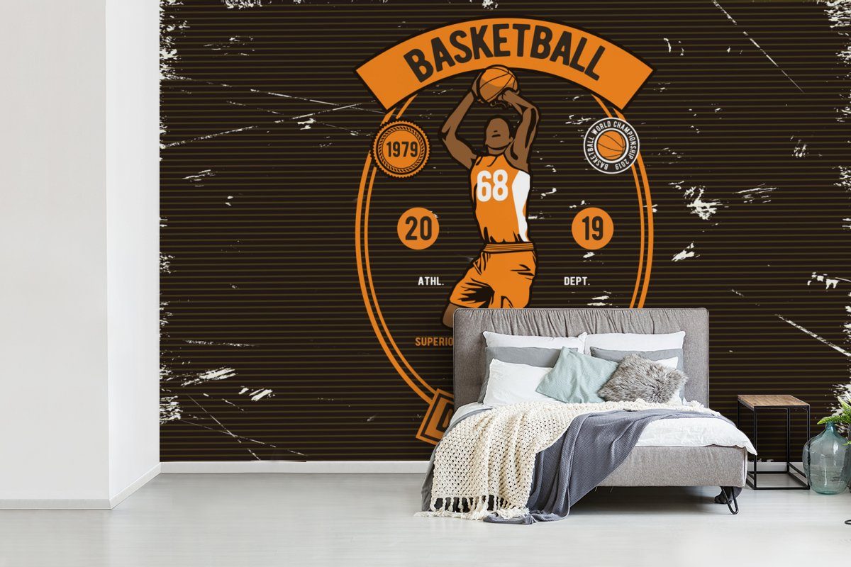 Retro (6 Wohnzimmer, - Schlafzimmer, - Mancave - für Basketball MuchoWow Kinderzimmer, Matt, Schwarz, Wallpaper Fototapete - Tapete Vinyl bedruckt, Orange St),