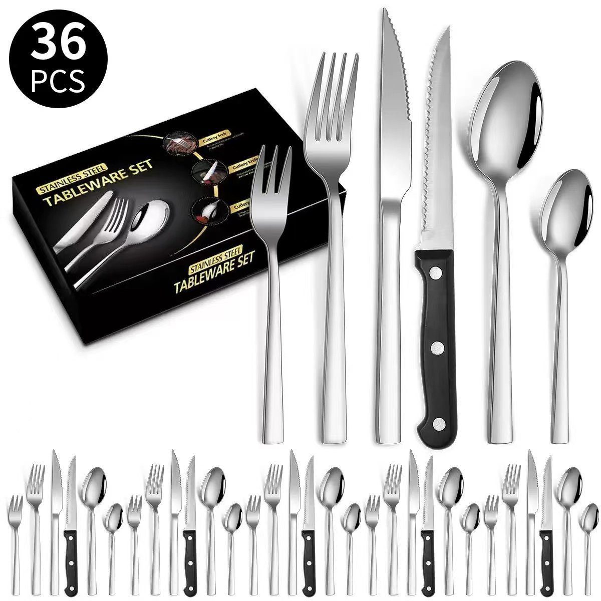 Besteck-Set Besteck Set für 6 Personen,36teiliges Edelstahl Essbesteck&Steakmesser