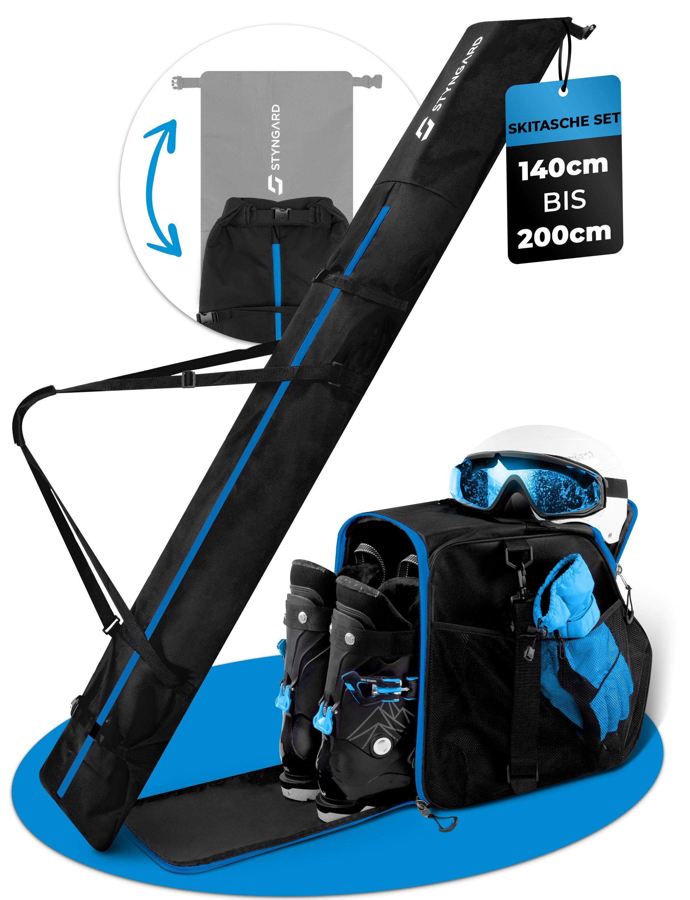 Styngard Skitasche Vancouver (Set Skisack [140 cm bis 200 cm] und Skischuhtasche mit Helmfach [40 L) Schwarz-Blau | Sporttaschen