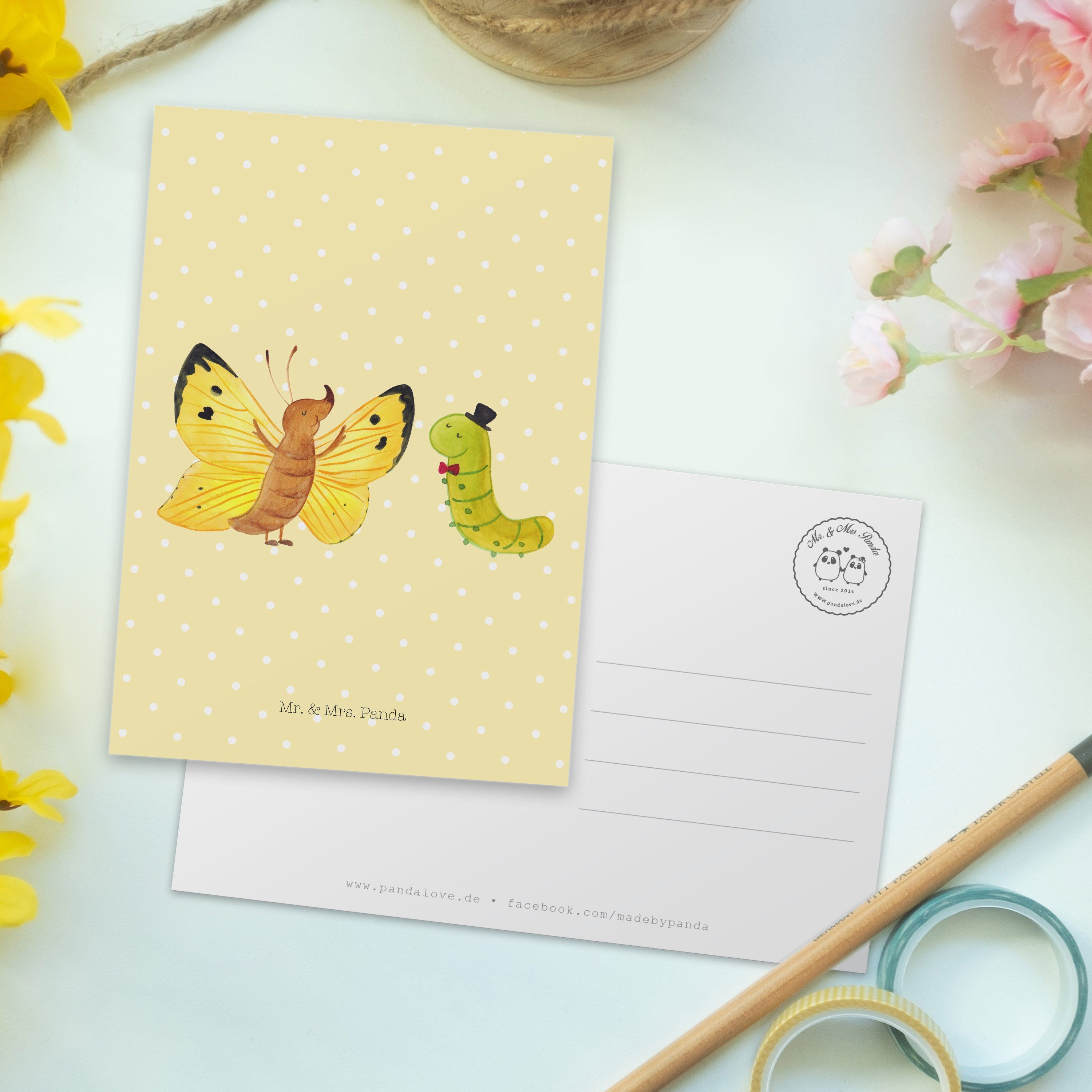 Postkarte Pastell - Mr. Geschenk, Panda Raupe Mrs. Schmetterling Gelb & - lustige & Tie Sprüche,
