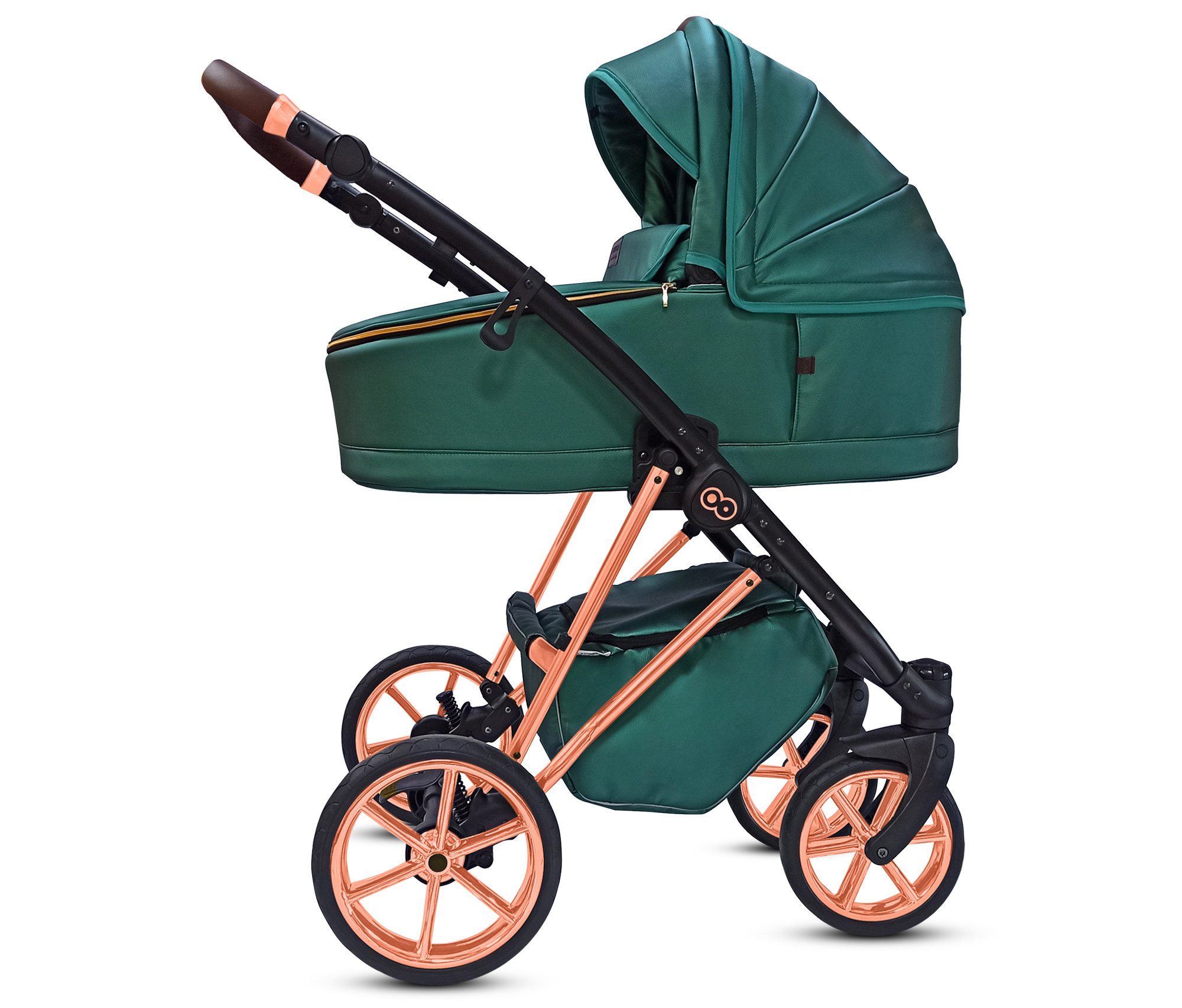TPFFamily Kombi-Kinderwagen 2in1 Musse Royal, Baby Buggy Babywanne 5-Punkt-Sicherheitsgurt, Zubehör-Set Kinderwagen 2 in 1 Kunstleder Grün, Gestell Rosé Gold