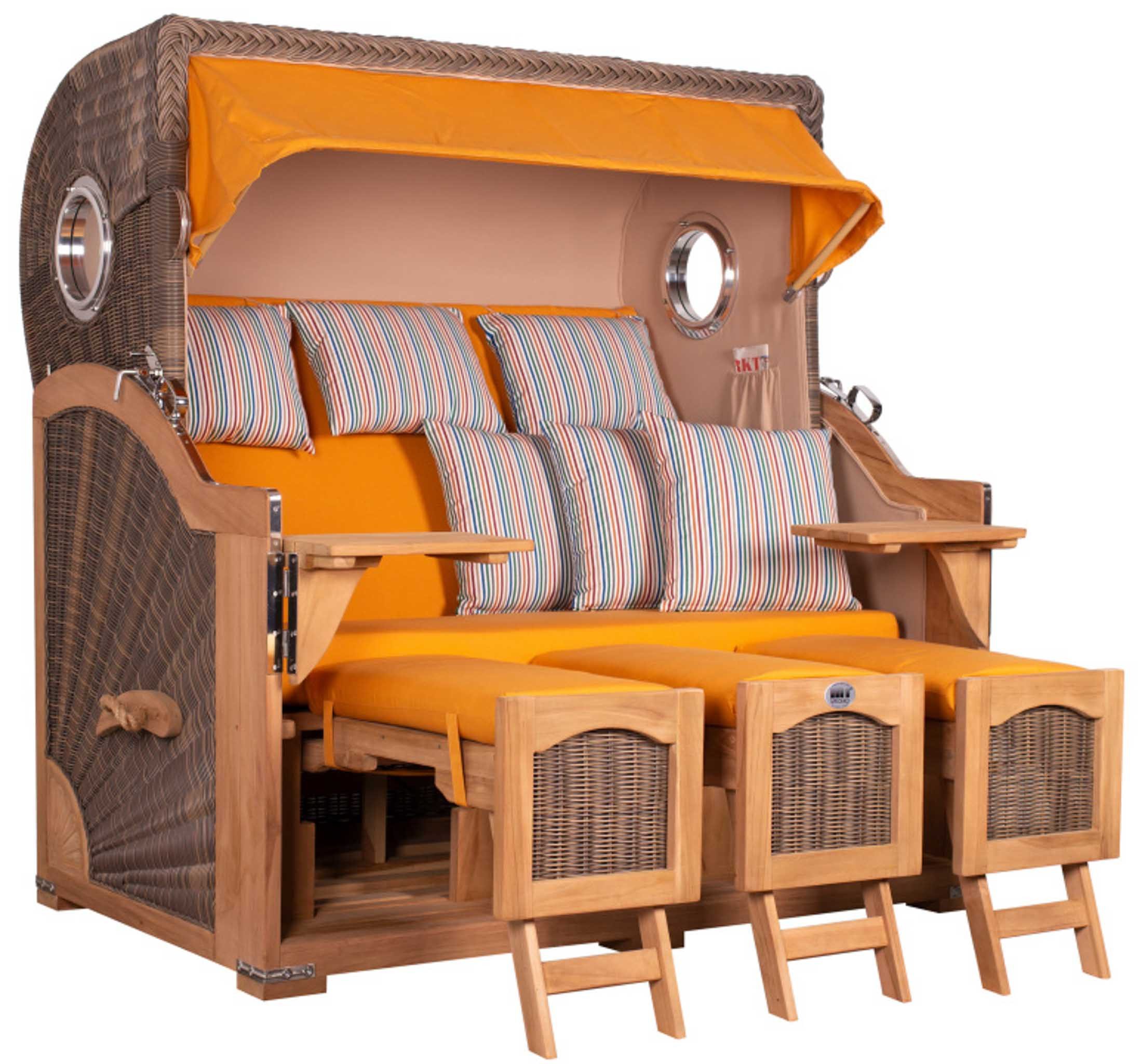 MR.DEKO Strandkorb XXL Düne Grande Teak Bullaugen PE Grey 3-Sitzer, BxTxH: 170x95x170 cm, Volllieger, Düne, (Fertig montierter Strandkorb für Garten, Terrasse & Balkon), Wetterfester Volllieger mit Edelstahlbeschlägen & waschbaren Polstern