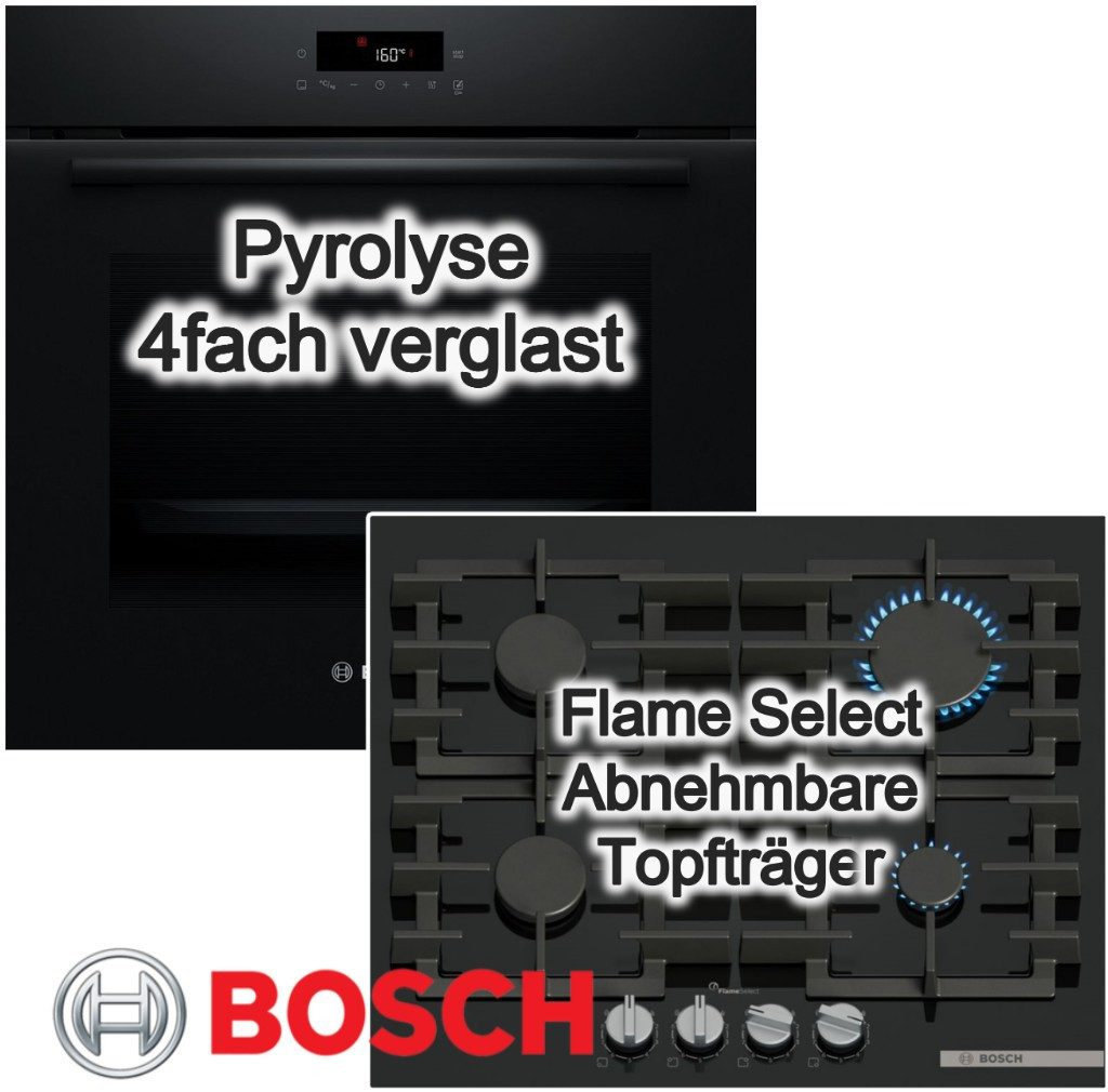BOSCH Backofen-Set Pyrolyse 3D-Heißluft + Gaskochfeld mit FlameSelect Rahmenlos
