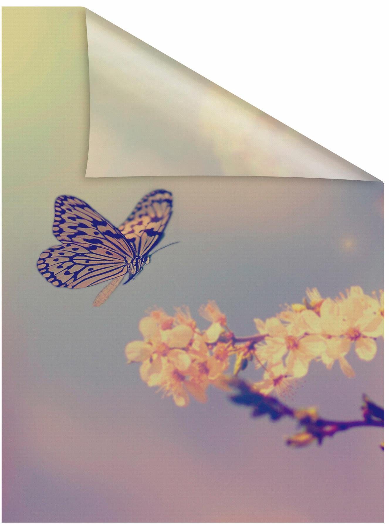 LICHTBLICK ORIGINAL Fensterfolie Schmetterling Blüte, blickdicht, strukturiert, selbstklebend, Sichtschutz