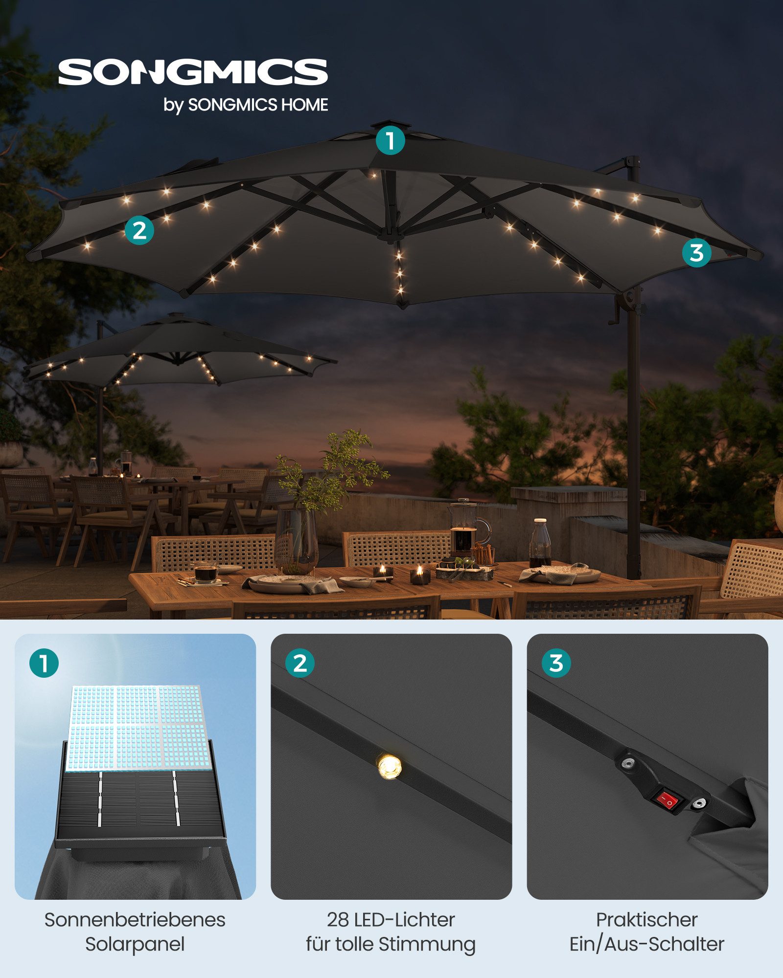 SONGMICS Sonnenschirm, Ampelschirm, ∅300cm, mit/ohne 28 Solar-LED-Leuchten, um 360° drehbar