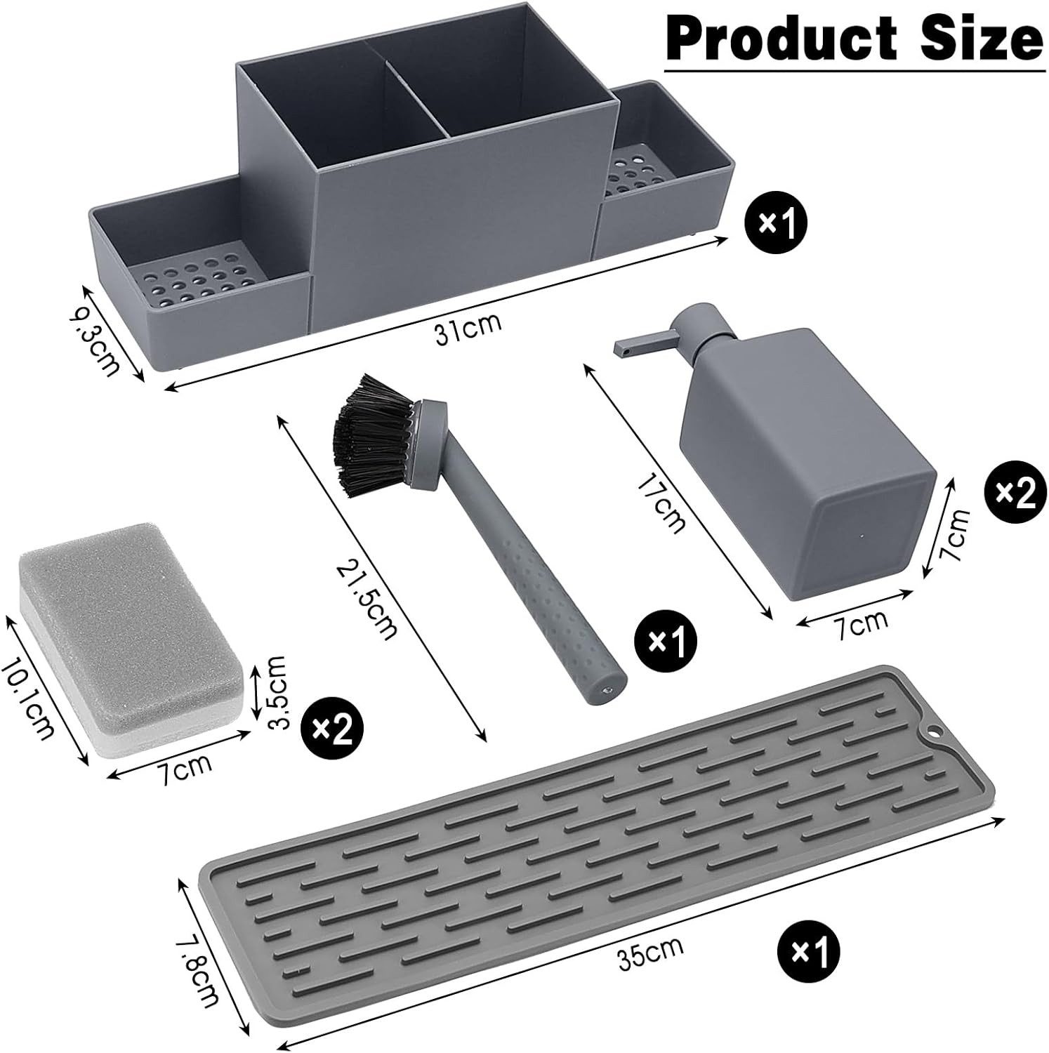 Lumkudos Küchenorganizer-Set 350ML Spülbecken Organizer mit Bürste, Seifenspender Spülschwamm, (4-tlg., Flaschen*2, Schwämme*2, Tablett*1, Pinsel*1, Aufkleber,  – Bild 5 von 5
