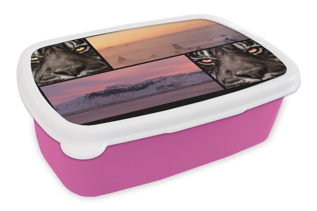 Tiger (2-tlg), für rosa Brotbox MuchoWow Snackbox, Kinder, Erwachsene, Lunchbox Kunststoff, - - Collage Brotdose Mädchen, Natur - Sonnenuntergang, Kunststoff
