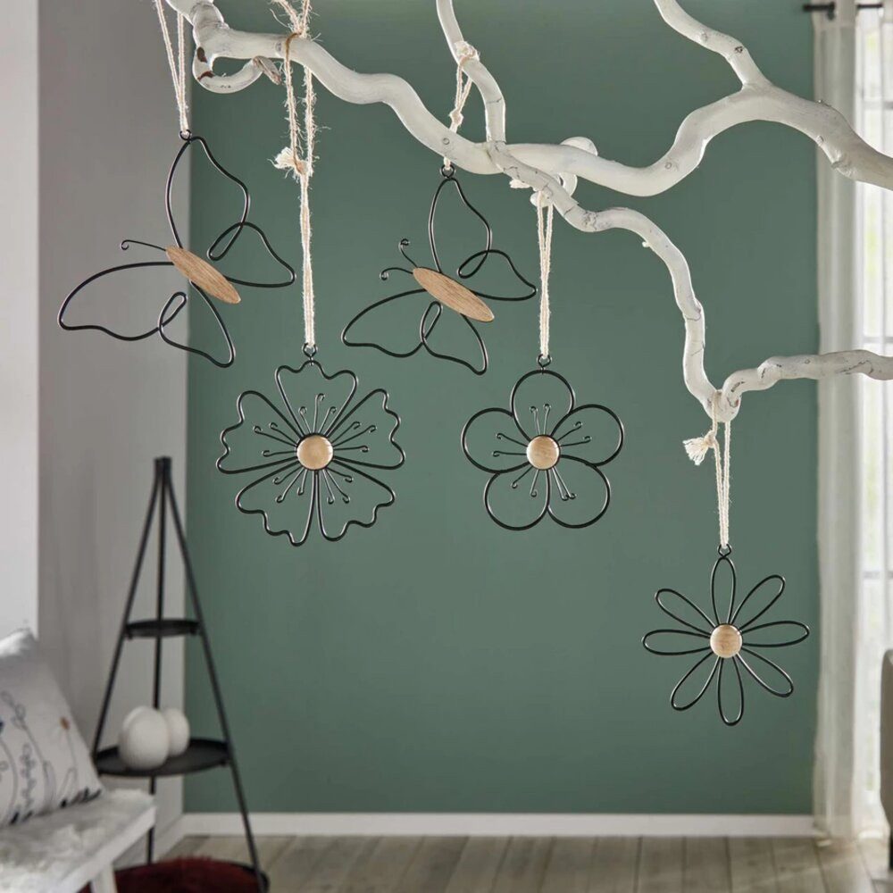 Home-trends24.de Dekohänger Hänger Dekohänger Blume Schmetterling Metall Dekofigur Holz 5er Set (5 St)