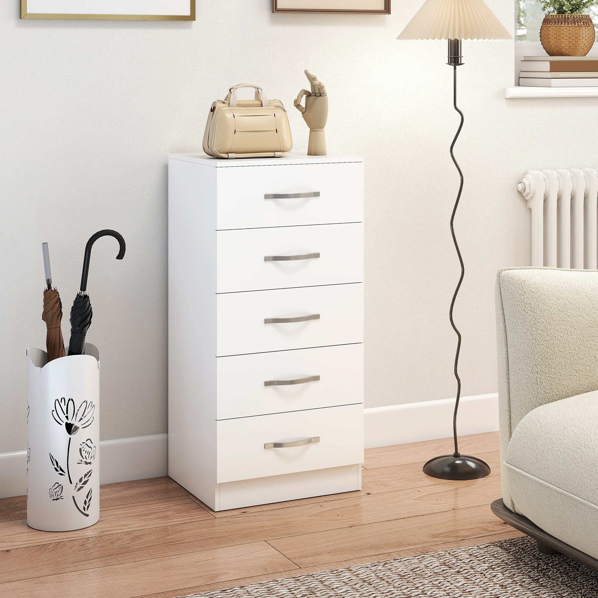 HOMCOM Kommode Aufbewahrungsschrank mit 5 Schubladen Kommodenschrank Flur (Schubladenschrank, 1 St., Sideboard), für Wohnzimmer, Schlafzimmer, Weiß