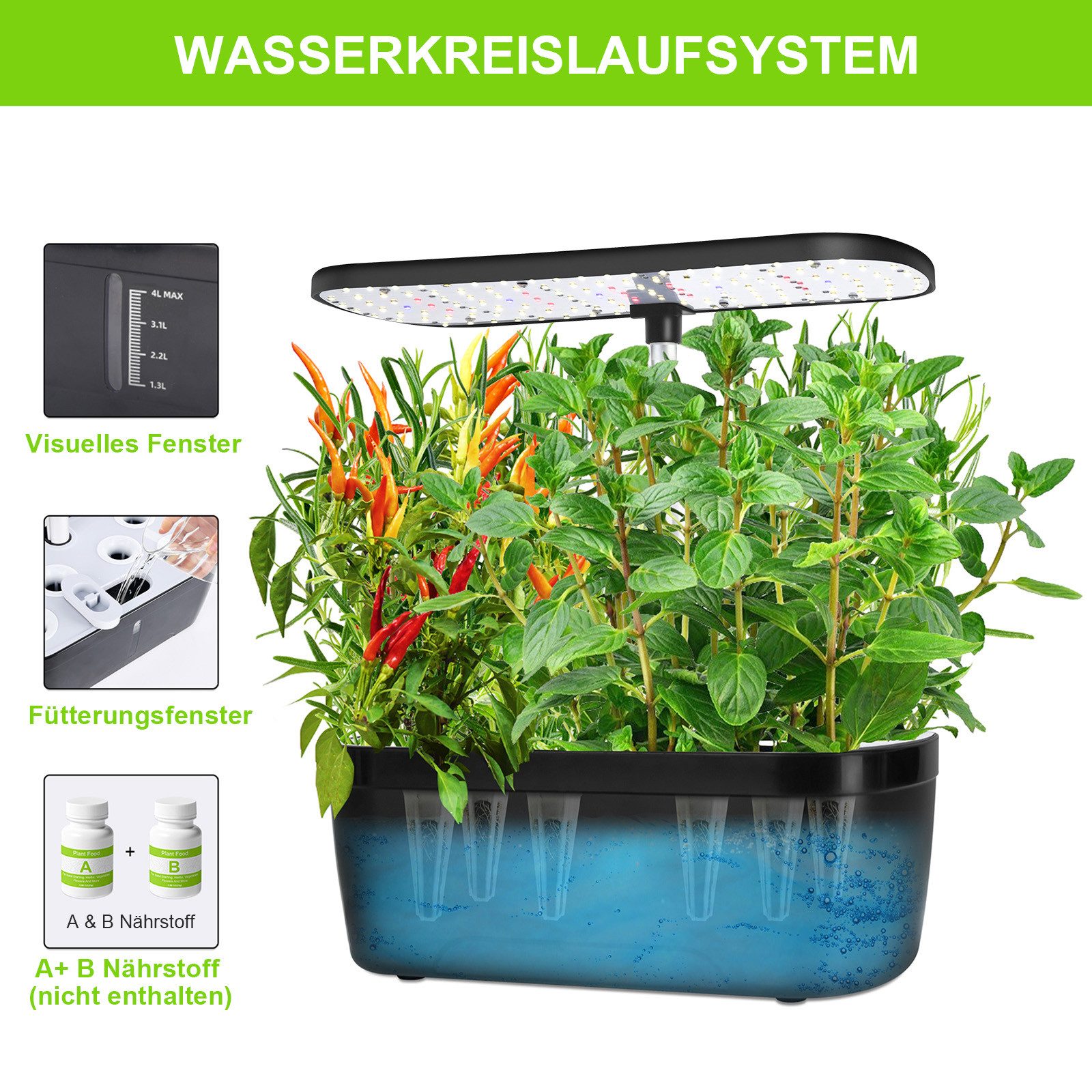 Jibenhome Indoor Herb Garden Planter Set with LED Grow Light & Timer, 8/12 Pods, Hydroponic Growing Systems with Sprouter Tray & Pump