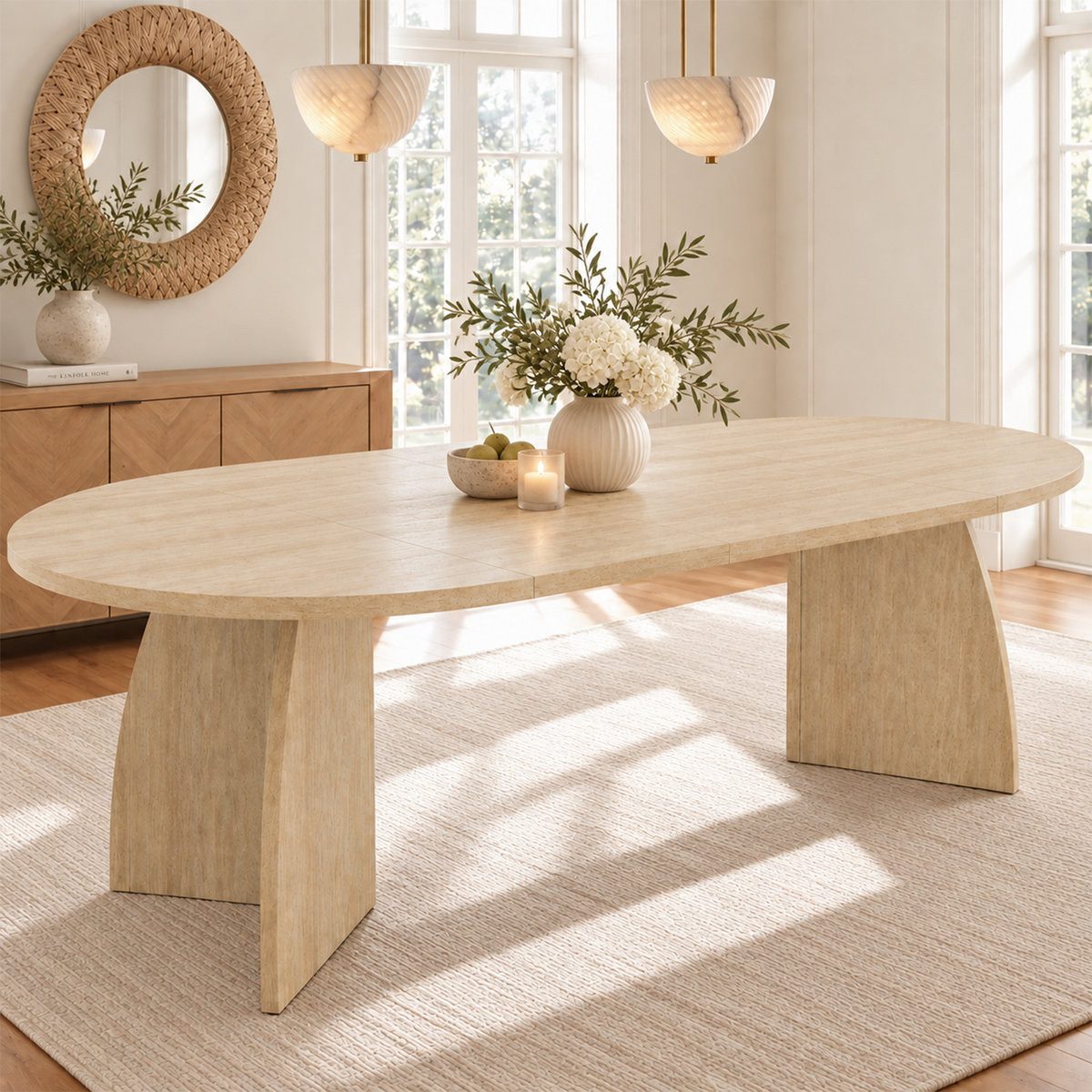 Odikalo Esstisch Küchentisch Wohnzimmertisch Zweiteiliges Teleskopdesign Travertin (100/140/180 * 100 cm, geeignet für 4–8 Personen, minimalistischer Stil,Ovale Tischplatte), Tragendes Gewicht: 60kg