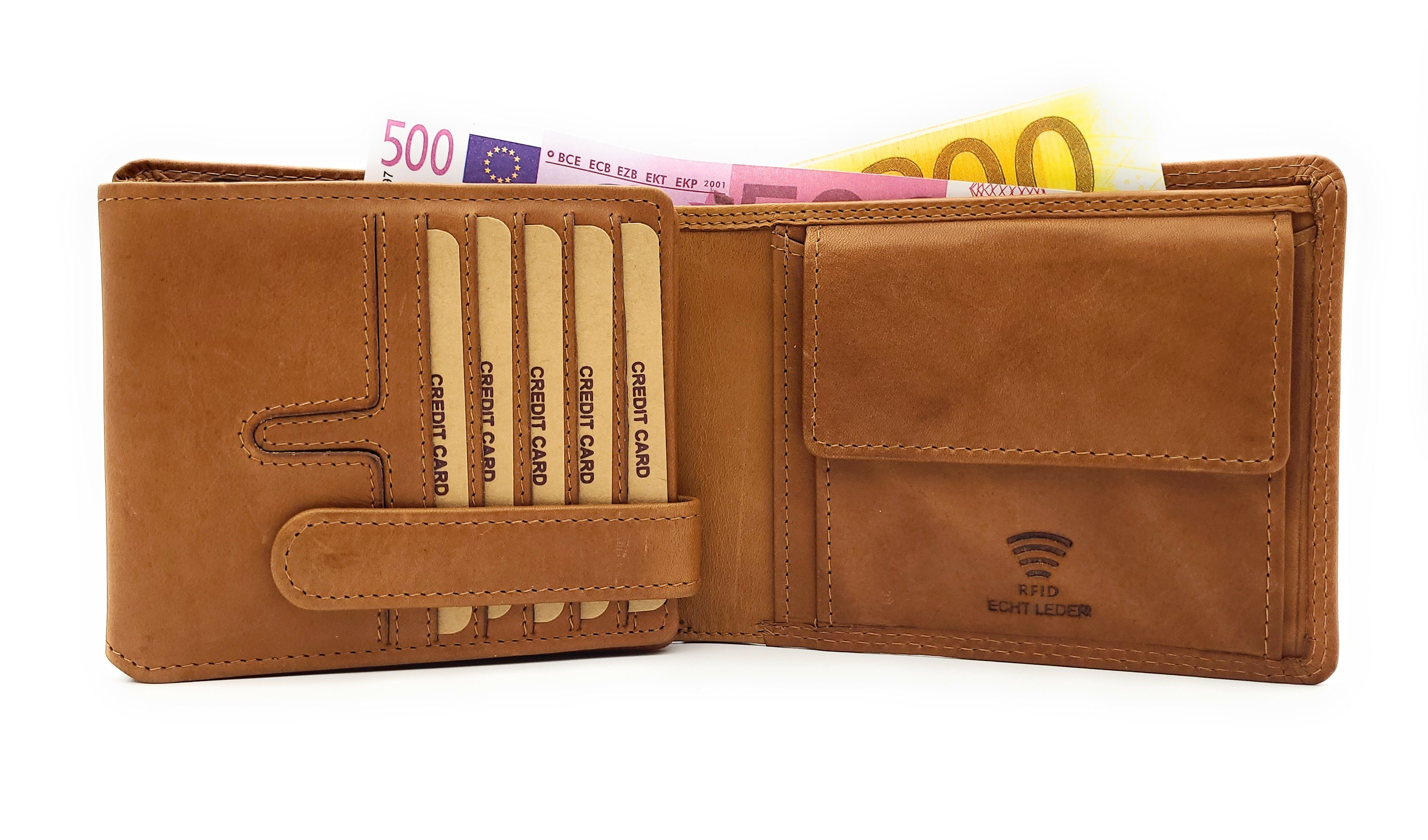 Hill Burry Geldbörse echt Leder Portemonnaie mit RFID Schutz, gewachstes Rindleder, 18 Kartenfächer, Innenriegel, cognac braun
