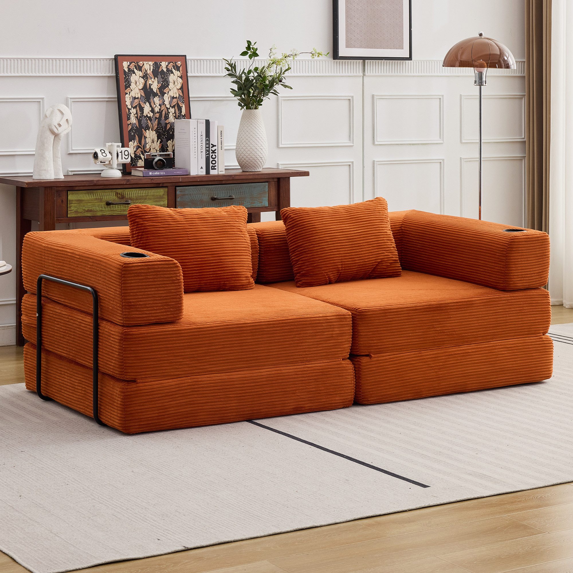 Vankel Sofa Sofas Wohnzimmer, Schlafsofa aus Cord mit Bettfunktion, Faltbares Bodensofa mit Liegefunktion für kleine Räume