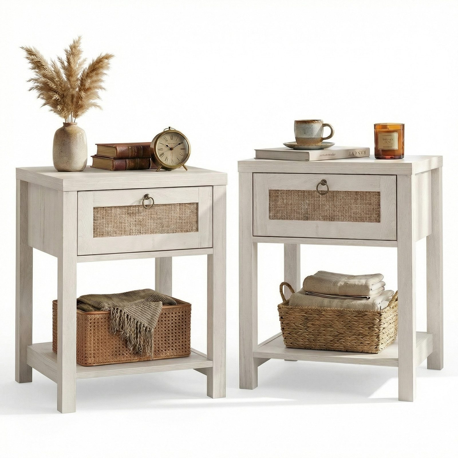 VOWNER Nachttisch Set 2er, Landhausstil Beistelltisch mit Schublade und Ablage (2-St), Böhmischer Sideboard für Schlafzimmer, Wohnzimmer