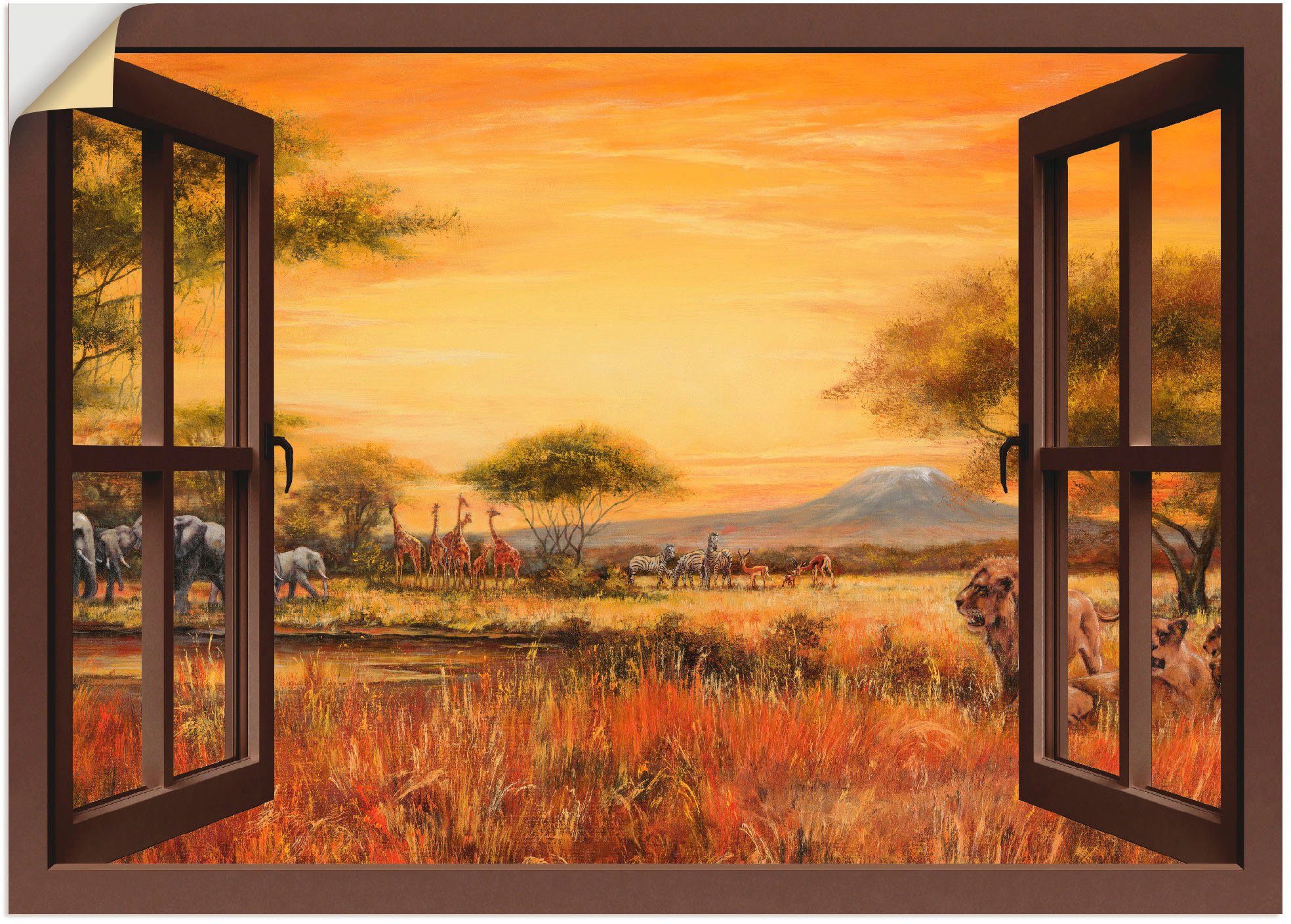 Artland Wandbild Fensterblick Afrikanische Steppe Löwen, Fensterblick (1 St), als Leinwandbild, Wandaufkleber oder Poster in versch. Größen