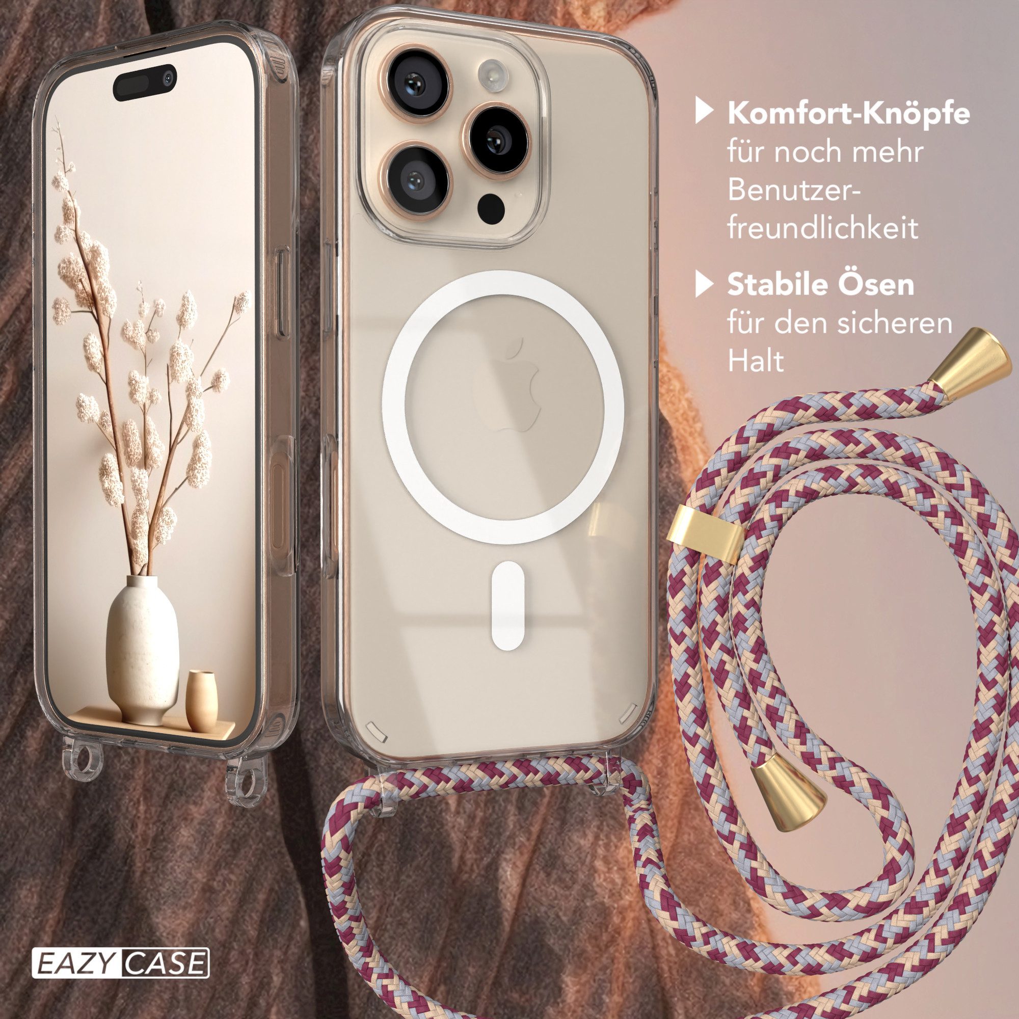 EAZY CASE Handykette mit Magsafe Hülle für Apple iPhone 16 Pro 6,3 Zoll, Slimcover Handykette Hülle Cross Bag für Smartphone Rot Camouflage