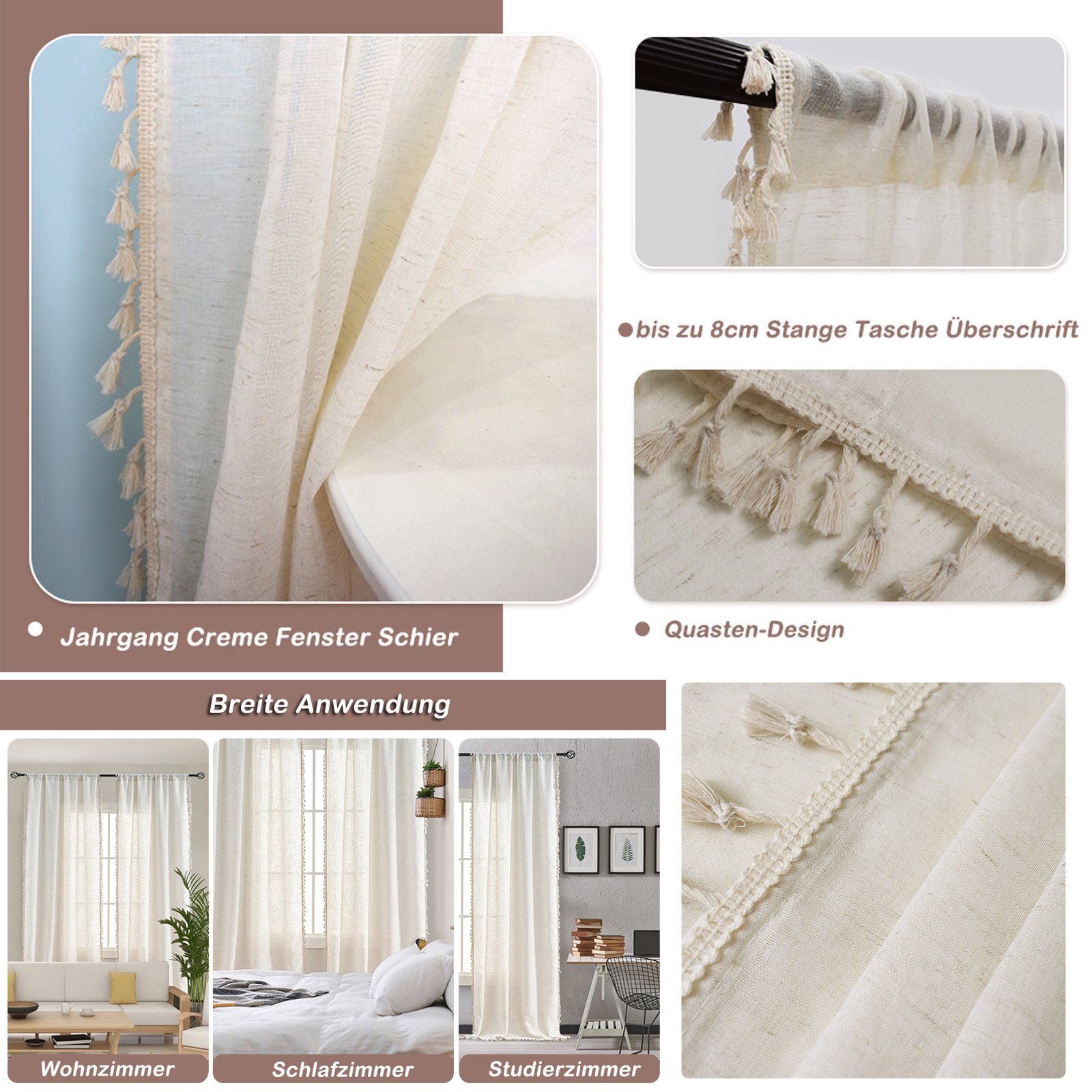 Qelus Vorhang Creme Quaste Fenstervorhang Stabtasche Vintage Vorhänge (1 St günstig online kaufen