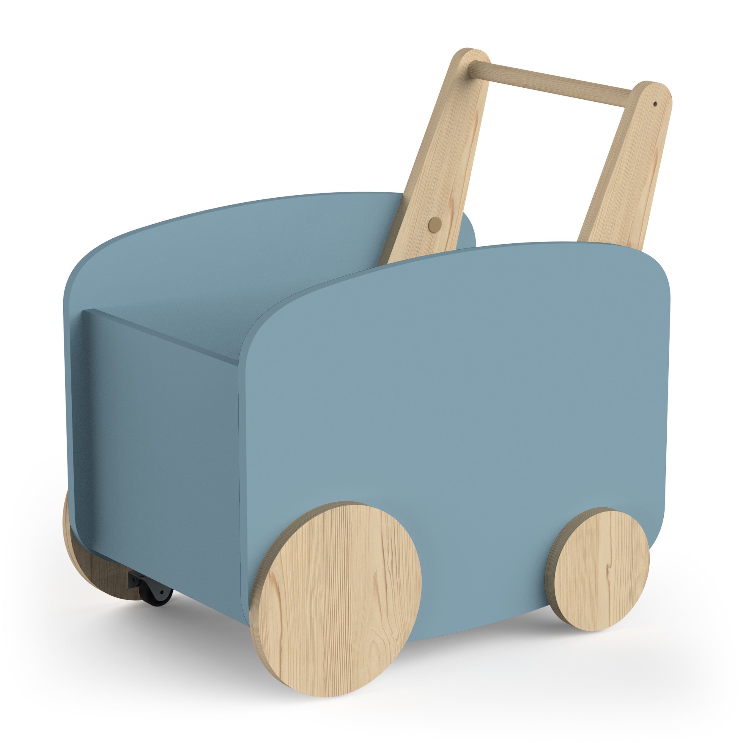 inklusive Rädern MDF cm Spielzeugbox Spielzeugtruhe der blau/natur 7kg, zum habeig Bewegen 4 Spielwagen Holz 55x53x35 Spielzeugtruhe Spielauto