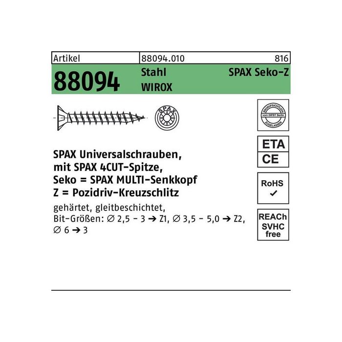 SPAX Senkschraube Schraube R 88094 Senkkopf m.Spitze/Kreuzschl.-PZ 3 x 30/26-Z Stahl galvanisch verzinkt WIROX