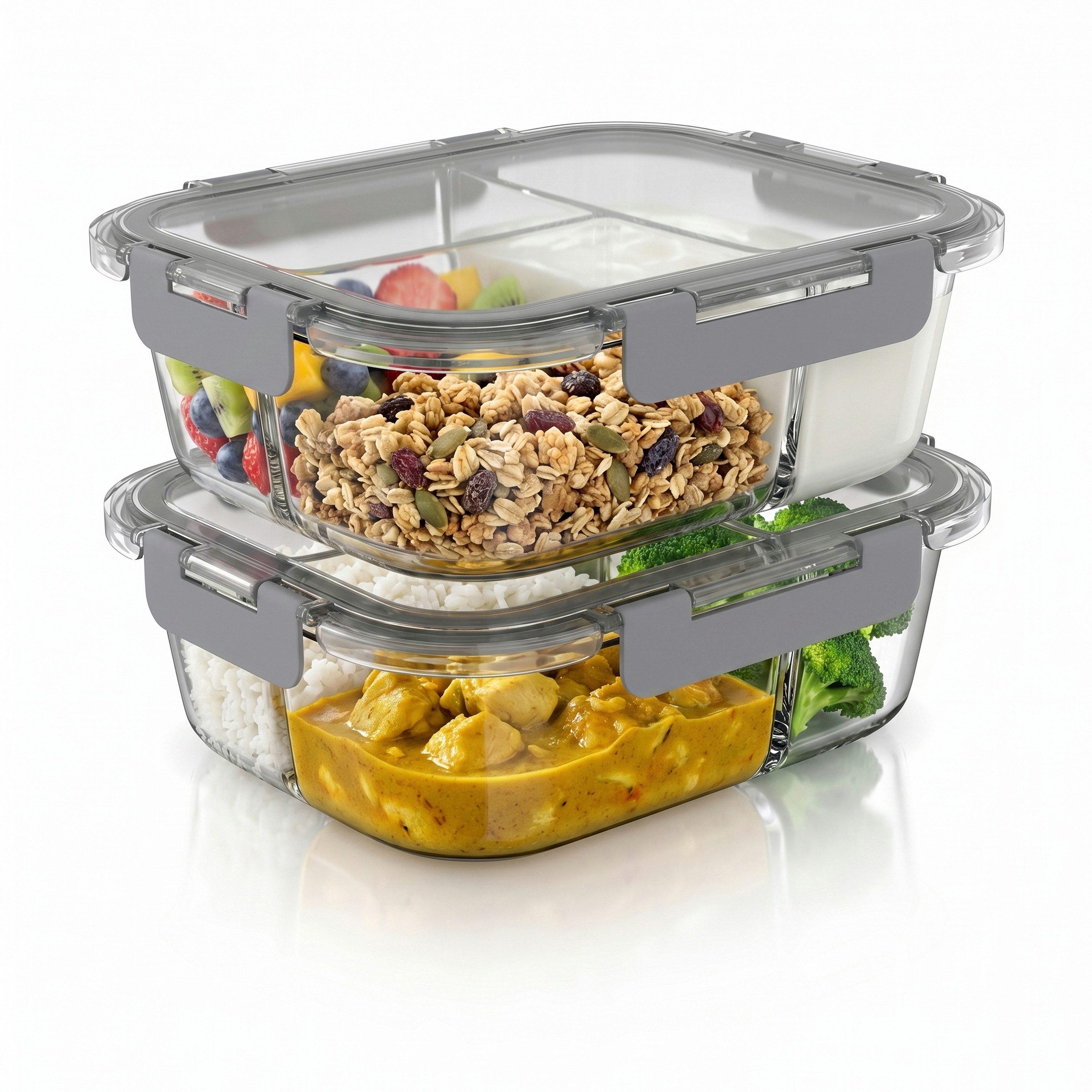 Arendo Frischhaltedose 3 Fächer, Deckel, 2er Set Glas Vorratsdosen, Lunchboxen, auslaufsicher, Borosilikatglas, (Set, 2-tlg., 2 x Vorratsdosen), Mikrowellen, Ofen, Gefrier & spülmaschinengeeignet, Bento, Meal Prep