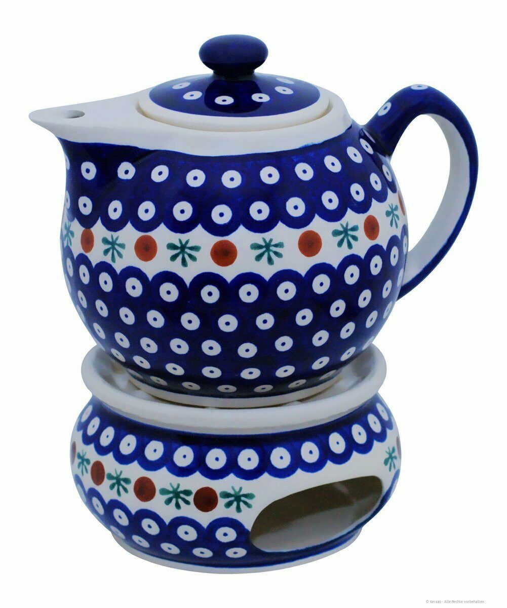 Bunzlauer Keramik Teekanne 1 Liter Teekanne mit Stövchen – Moderne, abgerundete Form, Dekor 41, 1,00 l
