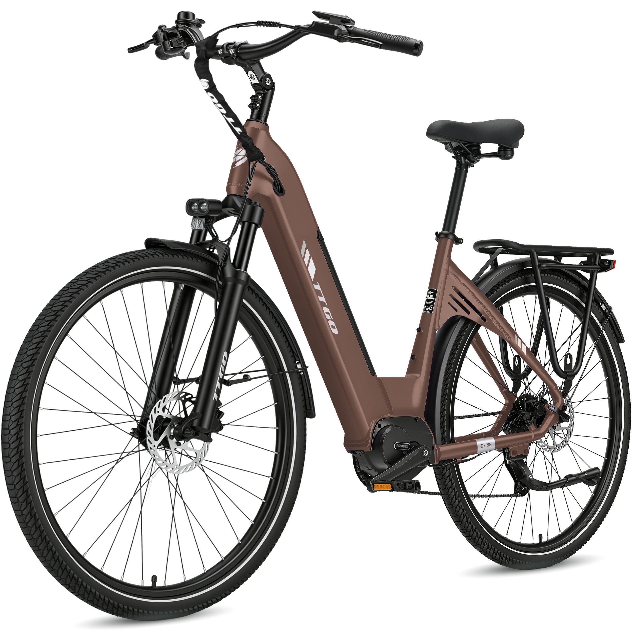 TTGO E-Bike Cityrad 28 Zoll, 75Nm Mittelmotor, 650Wh bis zu 140km, Lockout-Federgabel, 9 Gang Shimano, Kettenschaltung, Mittelmotor, 650 Wh, (Pedelec, Farb-LCD-Display, Hydr. Scheibenbremse, Tiefeinstieg), C7 SE, Drehmomentsensor, Elektrofahrrad für Damen und Herren