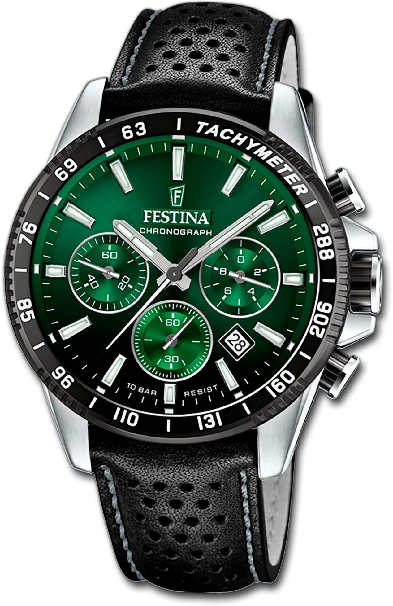 Festina Quarzuhr Festina Herrenuhr Timeless Chronograph, Herrenuhr mit Lederarmband, rundes Gehäuse, groß (ca. 45mm), grün, Ele