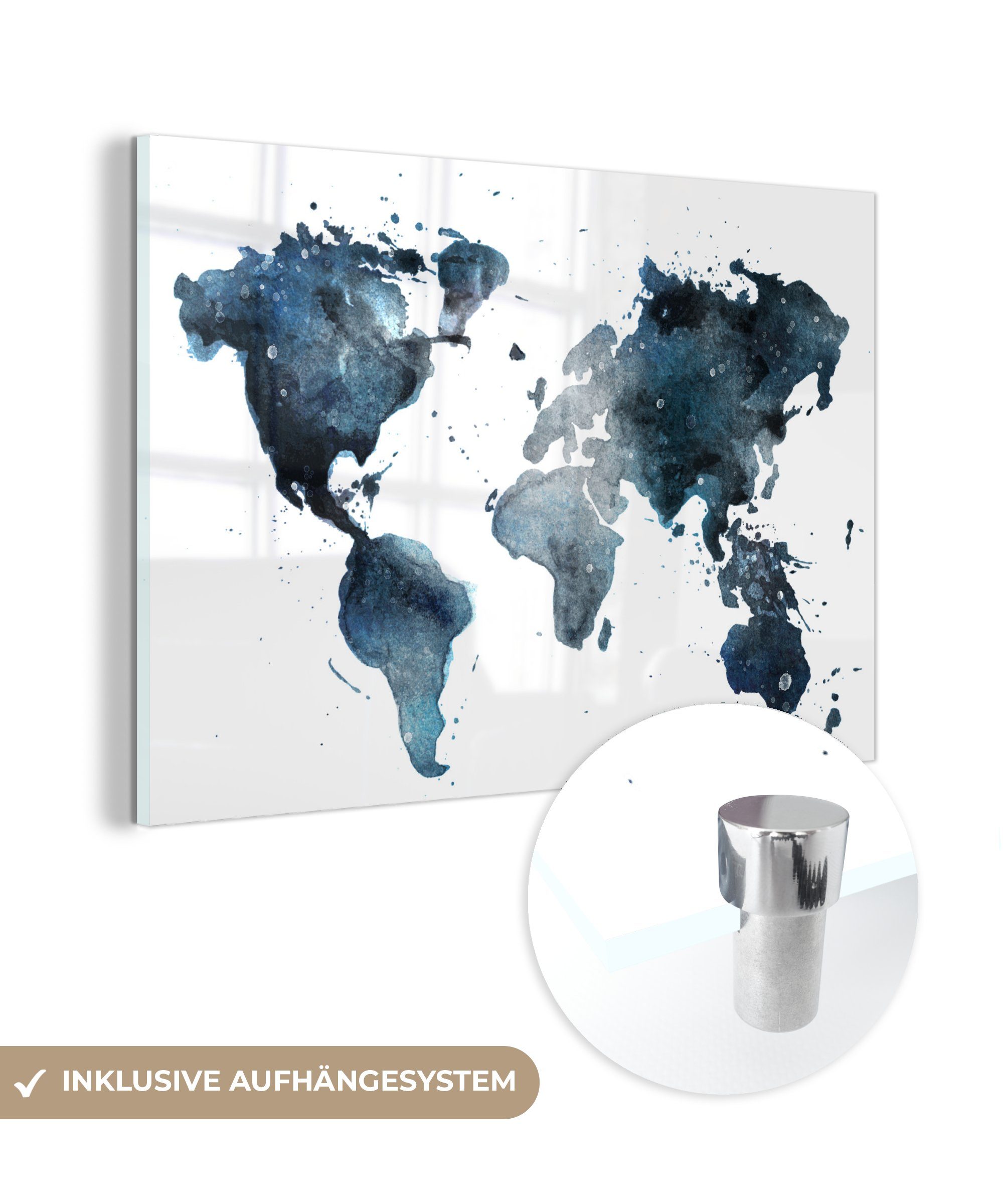 MuchoWow Acrylglasbild Weltkarte - Blau - Abstrakt, (1 St), Glasbilder - Bilder auf Glas Wandbild - Foto auf Glas - Wanddekoration