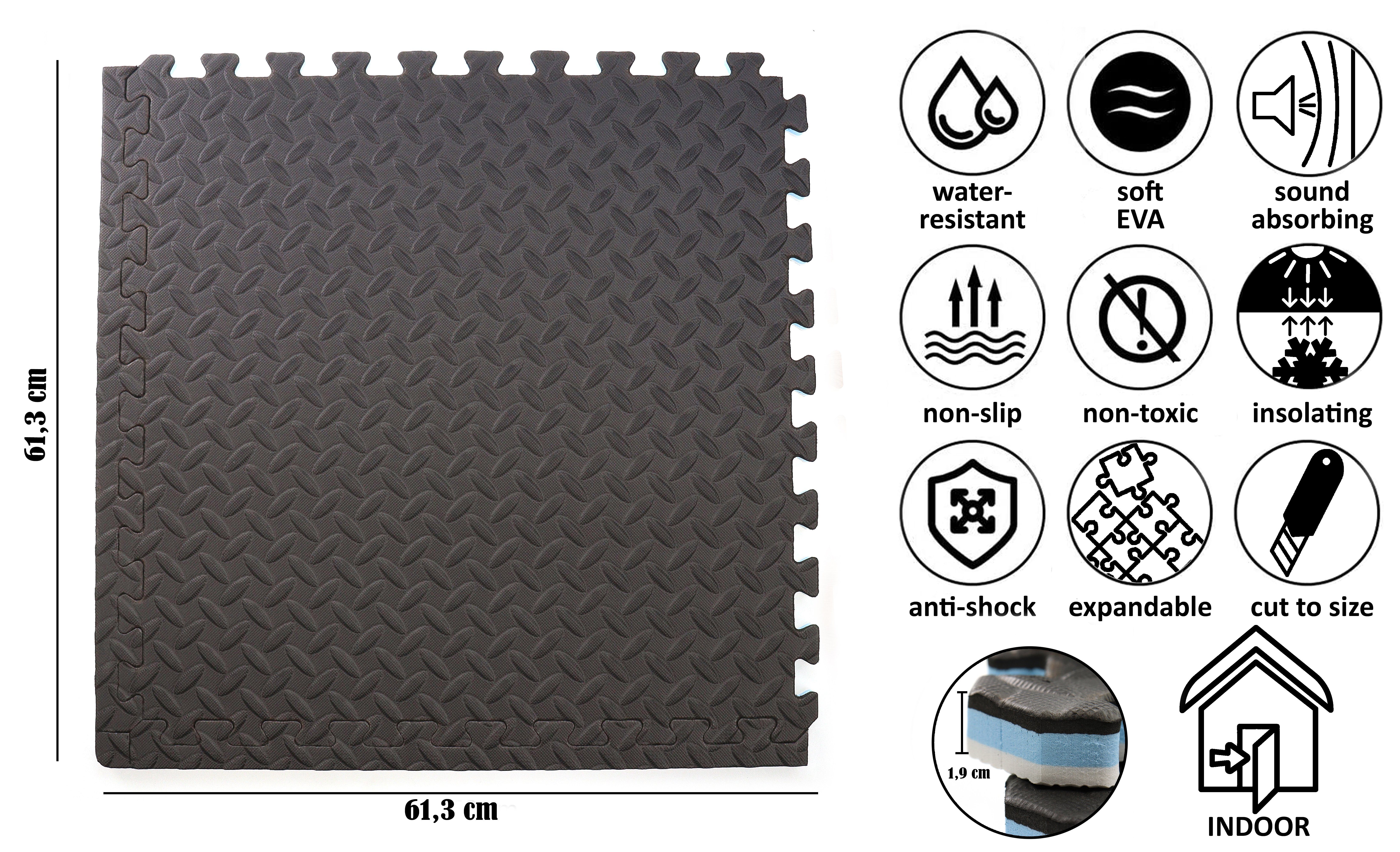 Steckmatte 6 Randstücke, 2.14m² inkl. schwarz-weiß 57*57*1,9cm, ELLUG 30-35, Sportmatte 12 Stück Härtegrad Gesamtfläche: ca. 177,5*120,5cm, Sportmatte