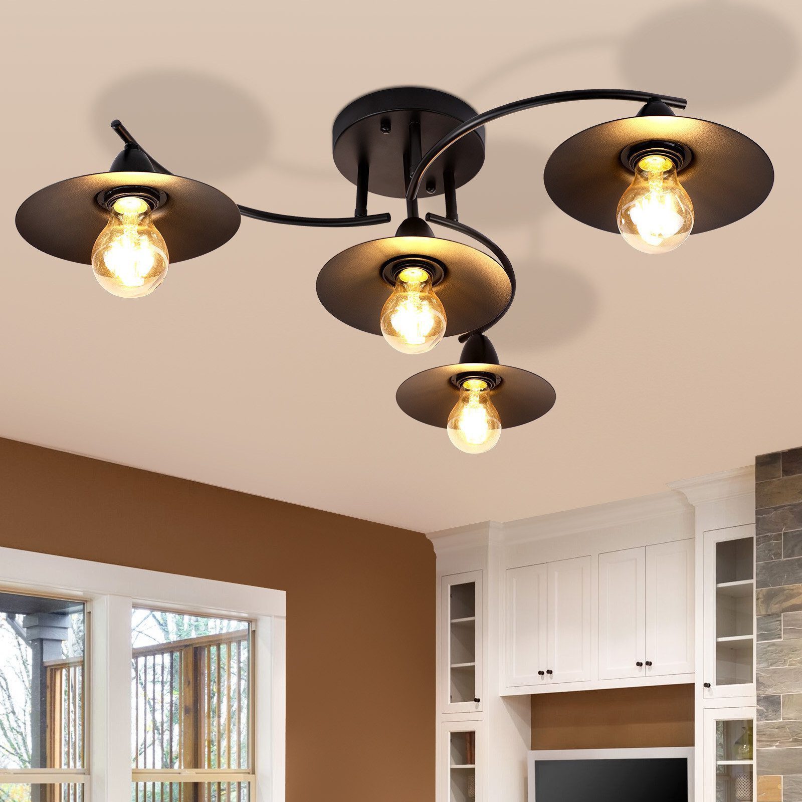 ZMH Deckenstrahler E27 Vintage Schwarz 4 Flammig Industriel Innen Schlaf Küchen modern, ohne Leuchtmittel, Deckenlamp Flur aus Eisen Strahler