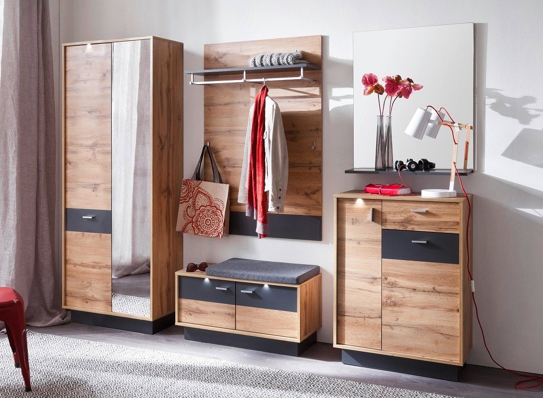 trendteam Schuhschrank Schuhschrank Coast, Wotan Eiche, grau, inkl. LED Beleuchtung