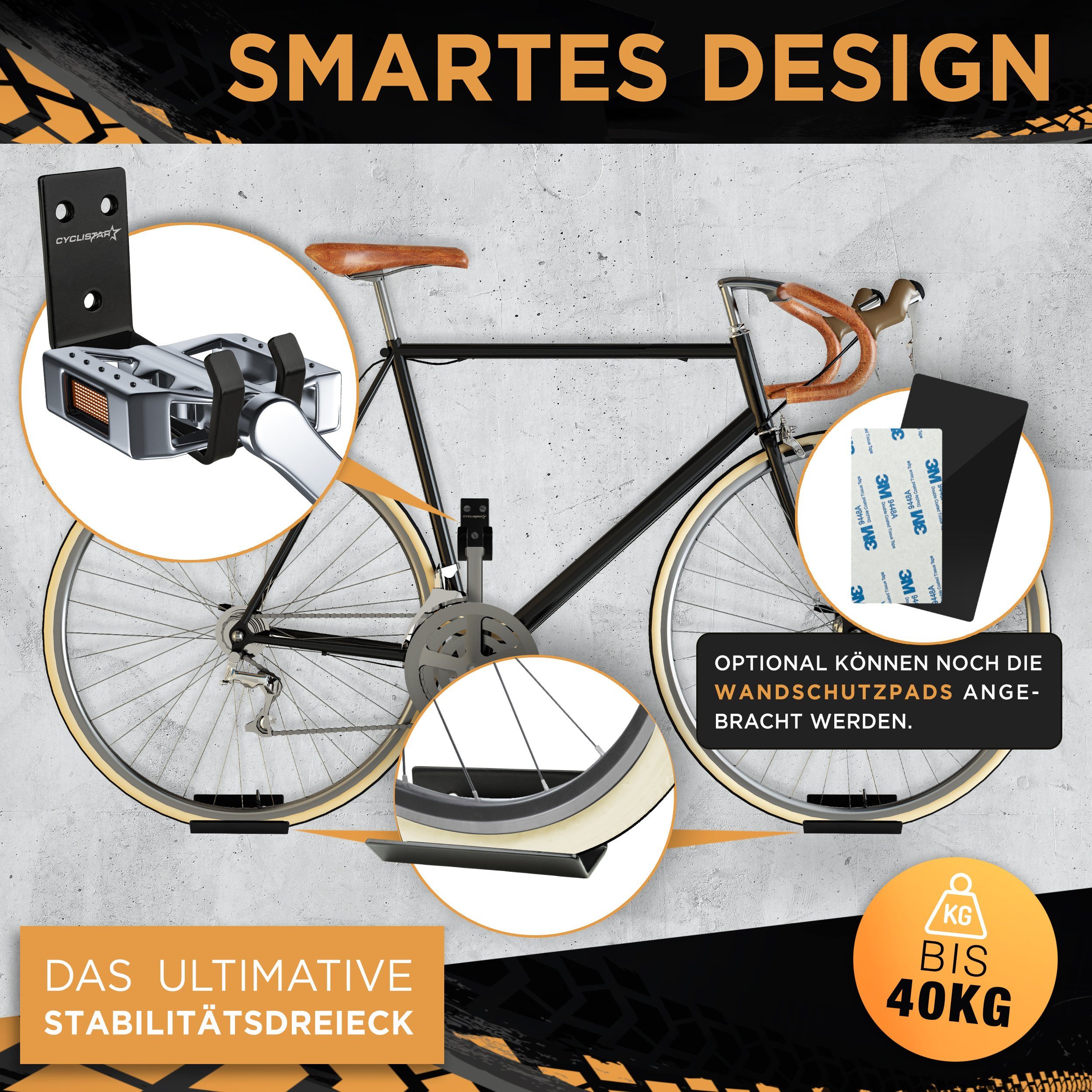 Cyclistar Fahrradwandhalterung Universell für E-Bike & Rennrad bis 40kg, Mit Pedalaufhängung, 2x Stützwinkeln & Montagematerial