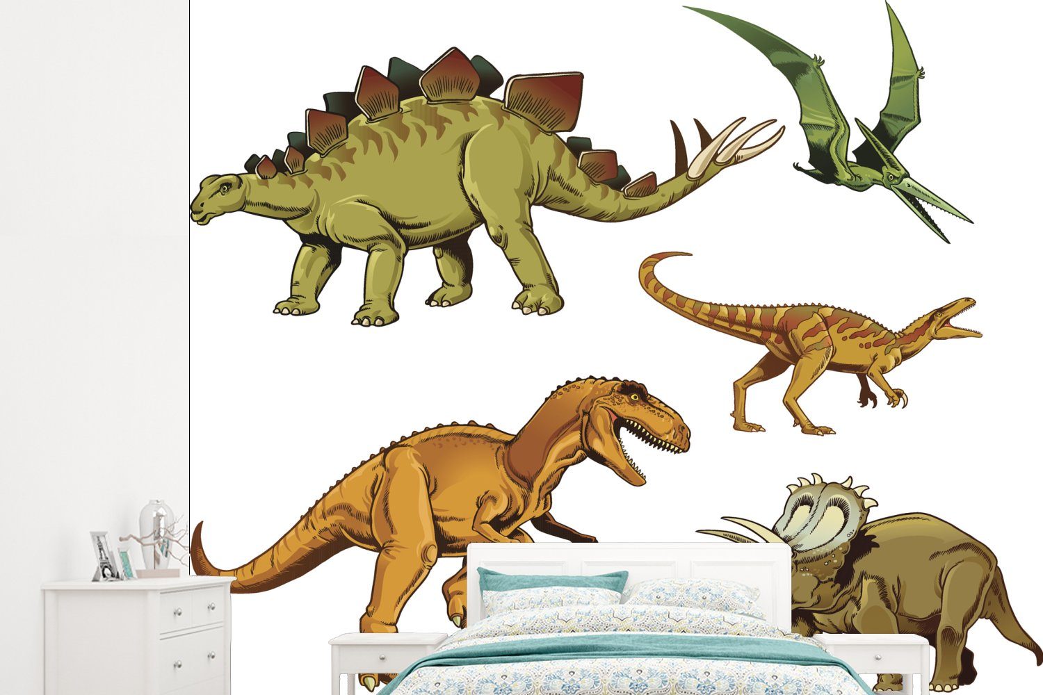 MuchoWow Fototapete Dinosaurier - Zeichnung - Jungen - Kinder, Matt, bedruckt, (5 St), Montagefertig Vinyl Tapete für Wohnzimmer, Wandtapete