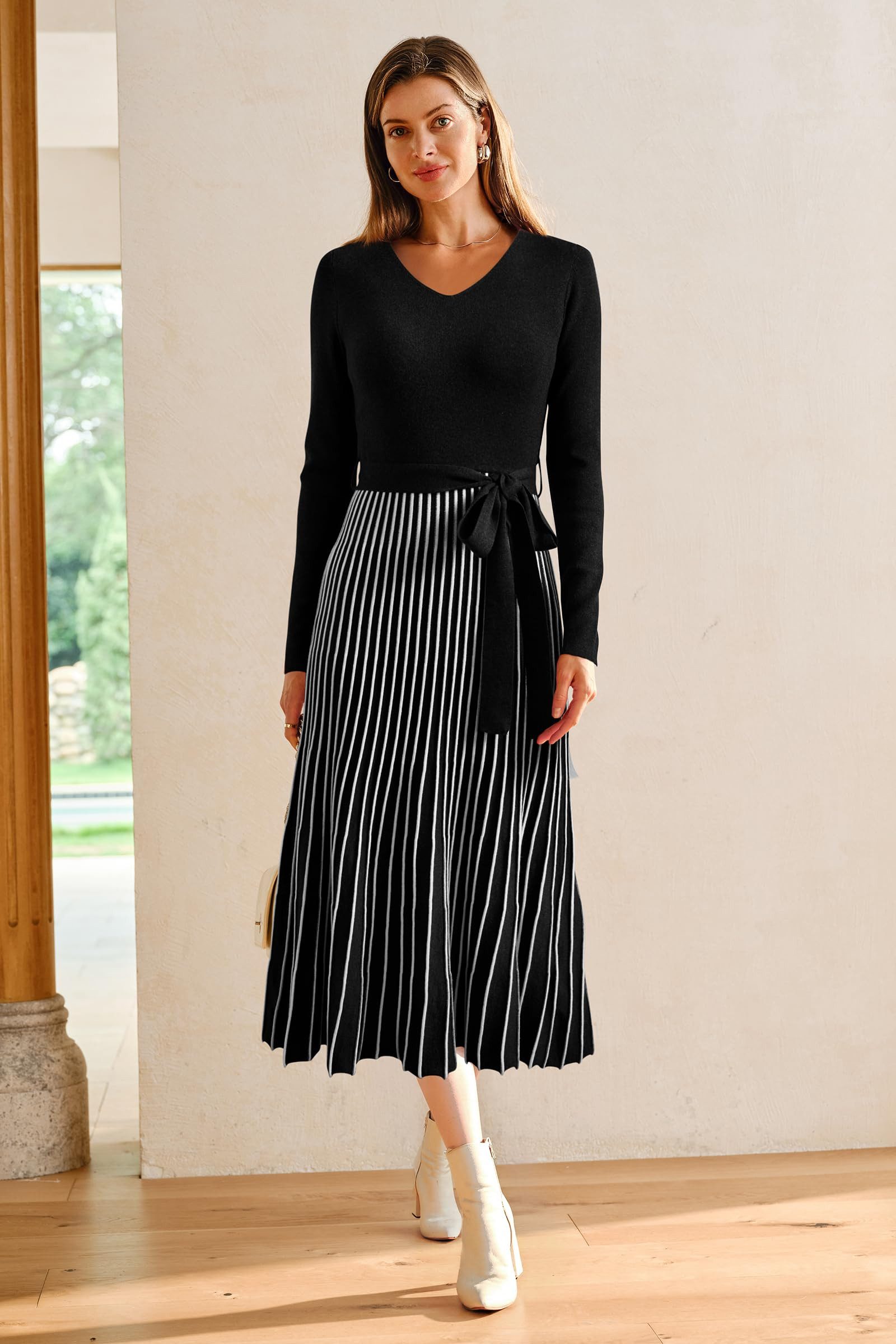 Arach&Cloz Strickkleid Damen Pulloverkleid Herbst Winterkleid Lang Plissee V-Ausschnitt Langarm Elegant Midi Kleider Winter