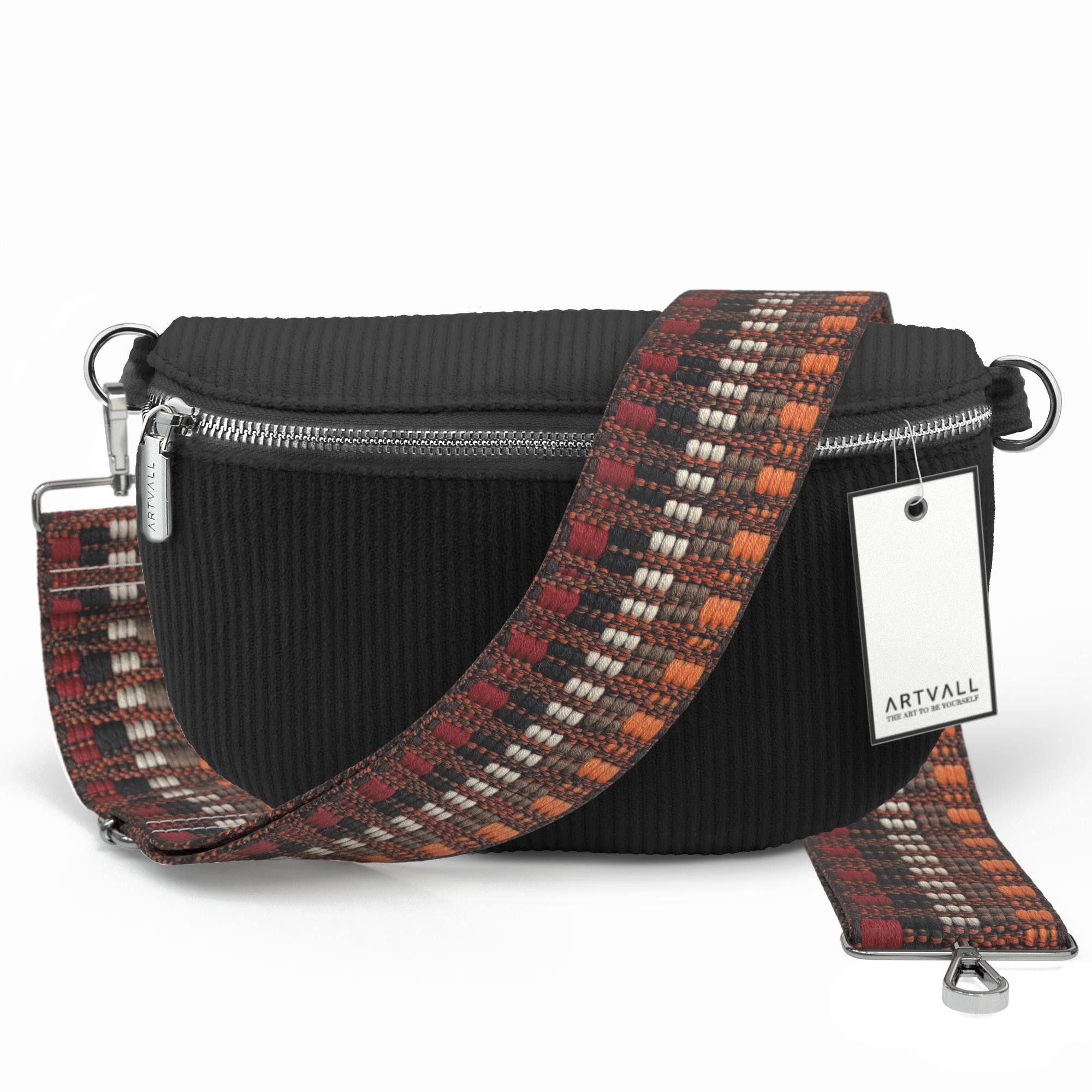 ARTVALL Umhängetasche Cord Handtasche Brusttasche Schultertasche Schwarz (Tasche inkl. Taschenband), Cord Bauchtasche Cordtasche Stoff weich abnehmbarer Taschengurt Klein
