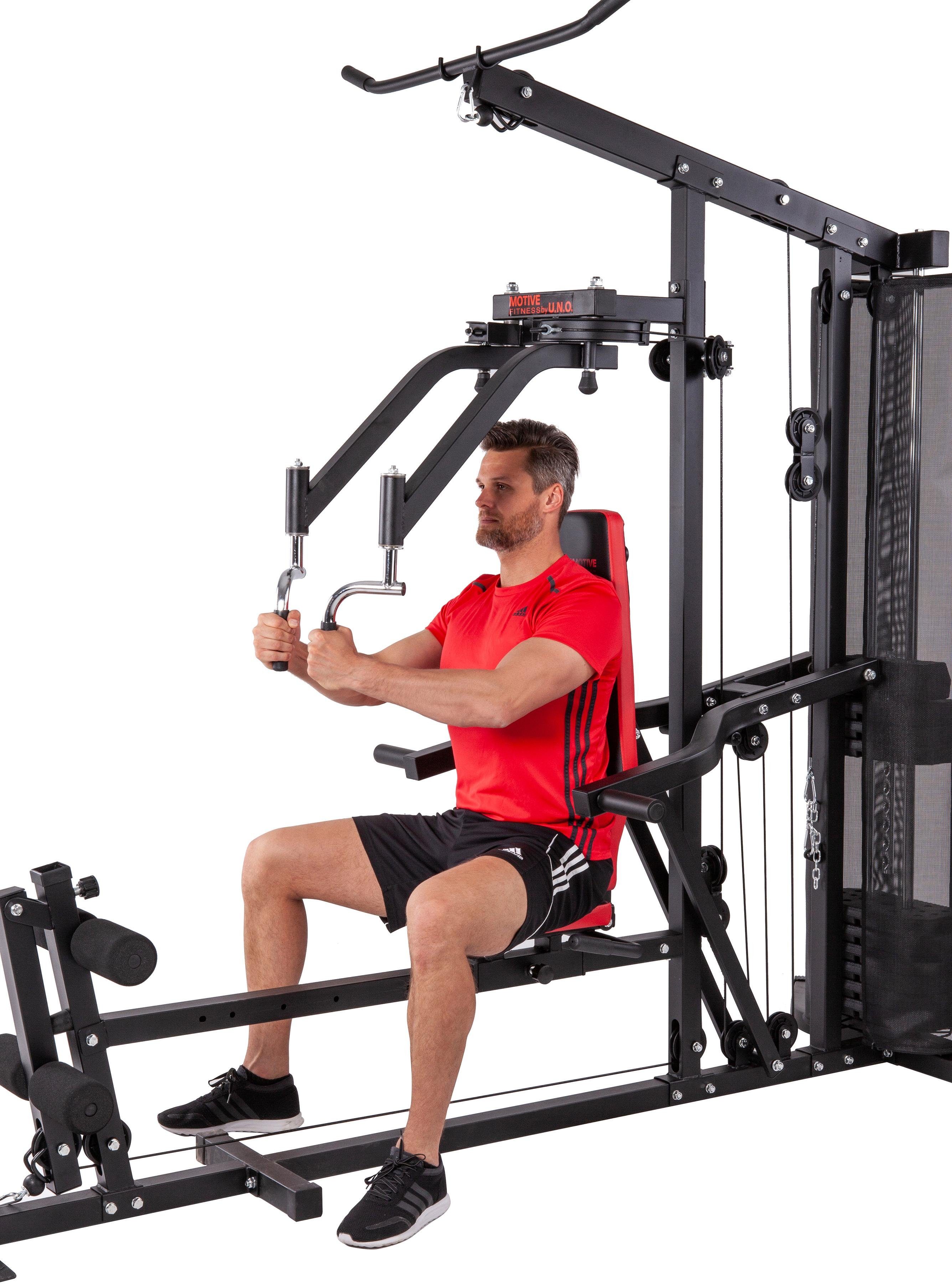 MOTIVE FITNESS by U.N.O. Kraftstation Multi-Gym Competition, 10 Gewichtsblöcke (Seilzug, Butterflystange, Latzug, Ruderfunktion und mehr), max. Benutzergewicht 120 kg, max. Trainingsgewicht 45 kg