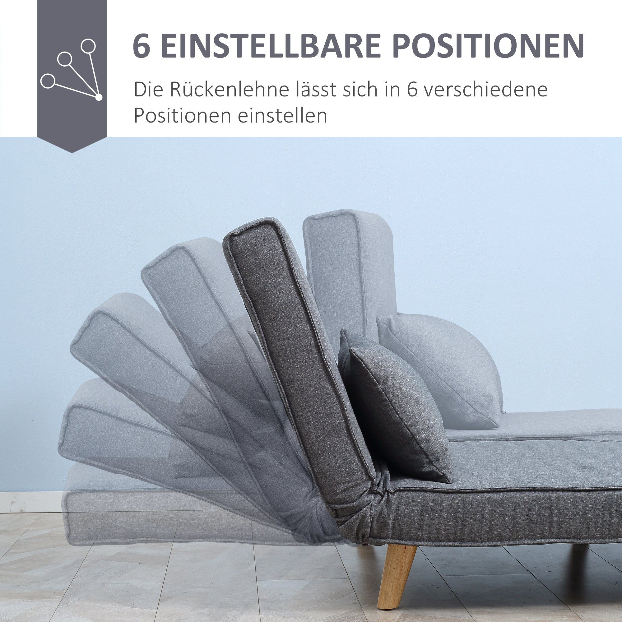 HOMCOM Sessel Liege, 94 Grau Rückenlehne Grau Grau, | Sofa, cm mit (2-Sitzer Bettfunktion Einzelschlafsofa), 80 Tannenholz, 1 1-St., 78 x x | Leinenimitat x Grau