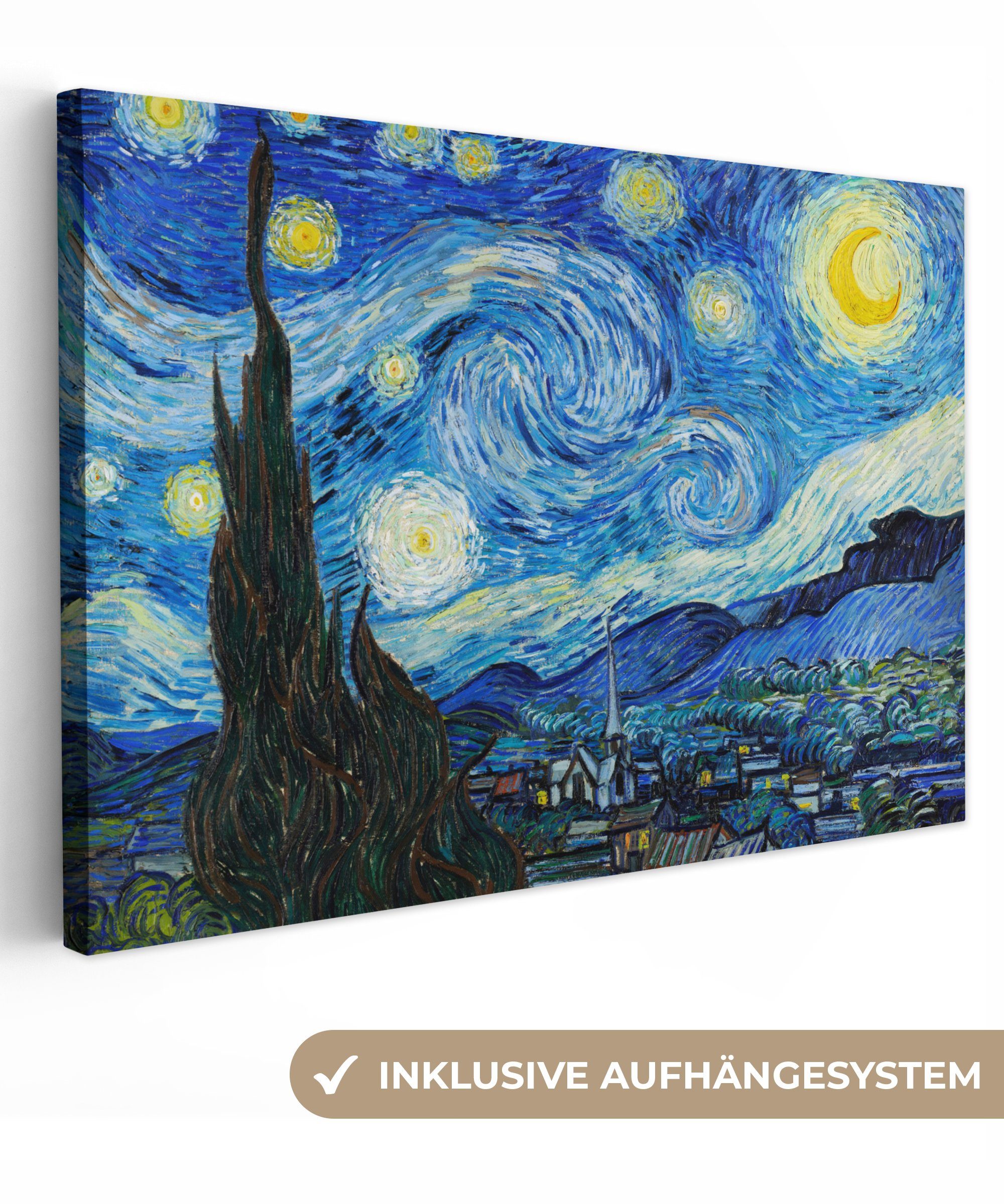 OneMillionCanvasses® Leinwandbild Die sternenklare Aufhängefertig, (1 30x20 cm bunt Leinwandbilder, St), Gogh, Wandbild Nacht Vincent van Wanddeko, 