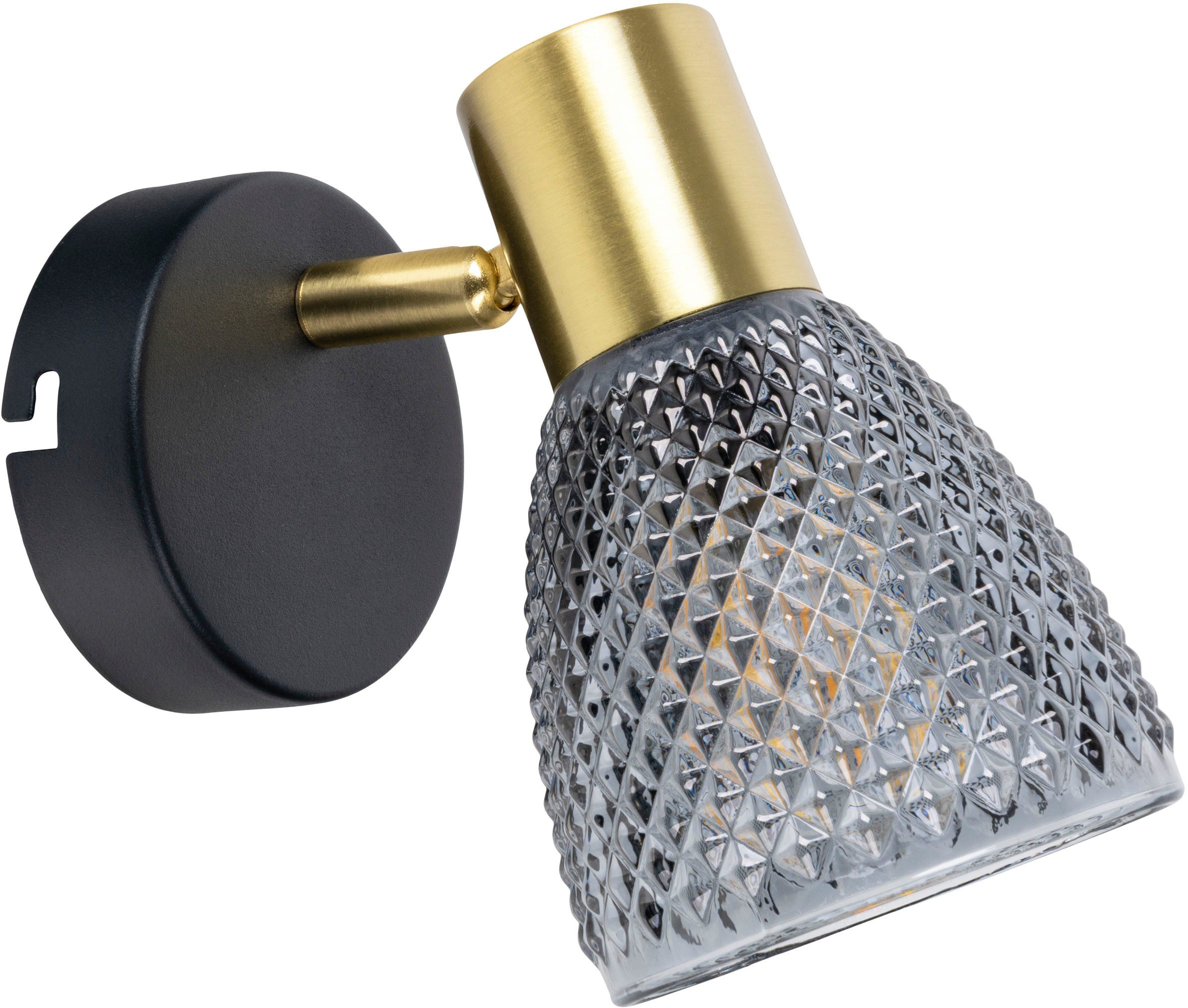 näve Wandleuchte Lindita, ohne Leuchtmittel, 1er Spot, Relief-Glasschirm smokey, Gestell messing matt, 1x E14 exkl.