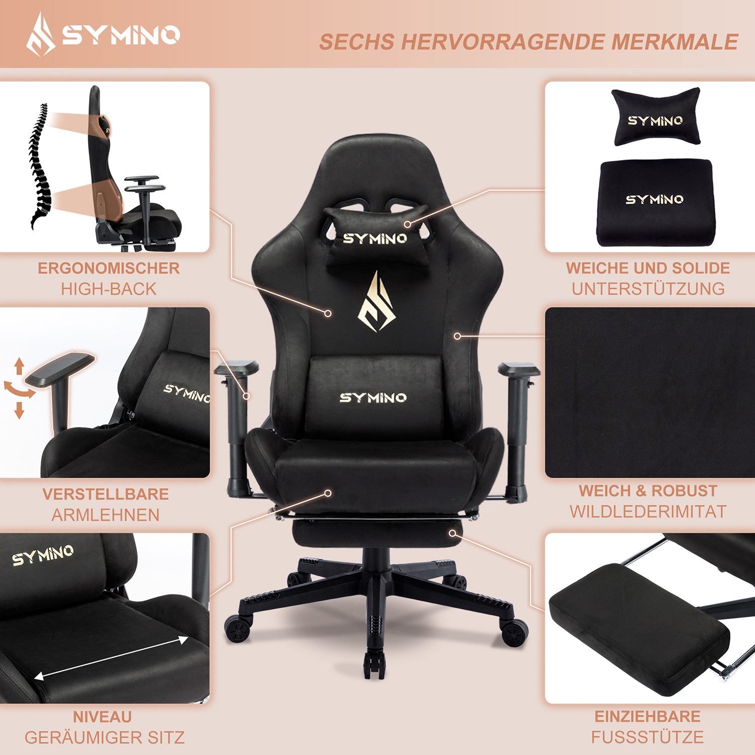 symino Gaming-Stuhl Premium Alcantara Stoff, ergonomischer, Serie MP – Bild 4 von 5
