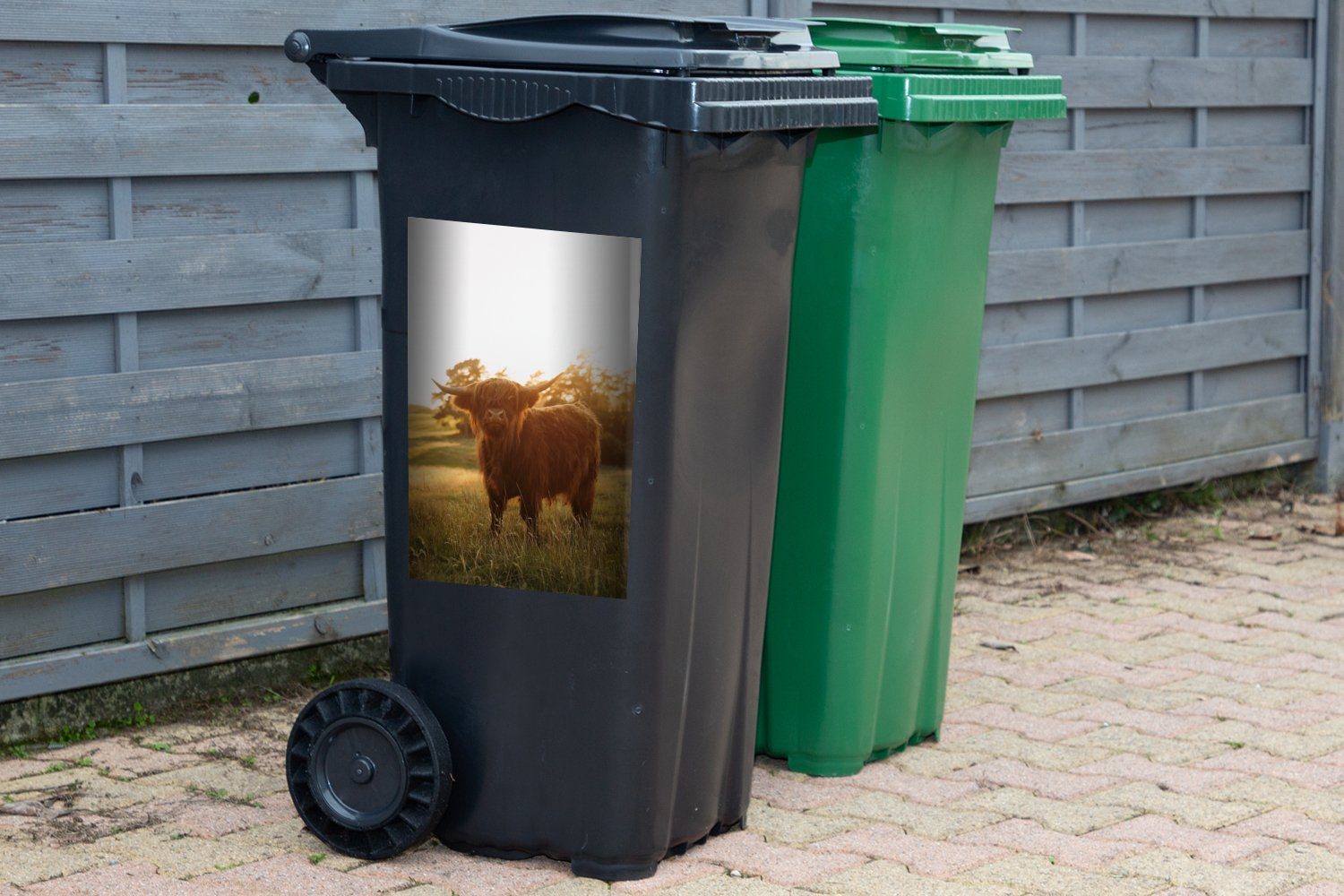 Hochländer St), Container, - Sonne (1 Abfalbehälter Mülleimer-aufkleber, Schottischer Mülltonne, Sticker, - Wandsticker Gras MuchoWow