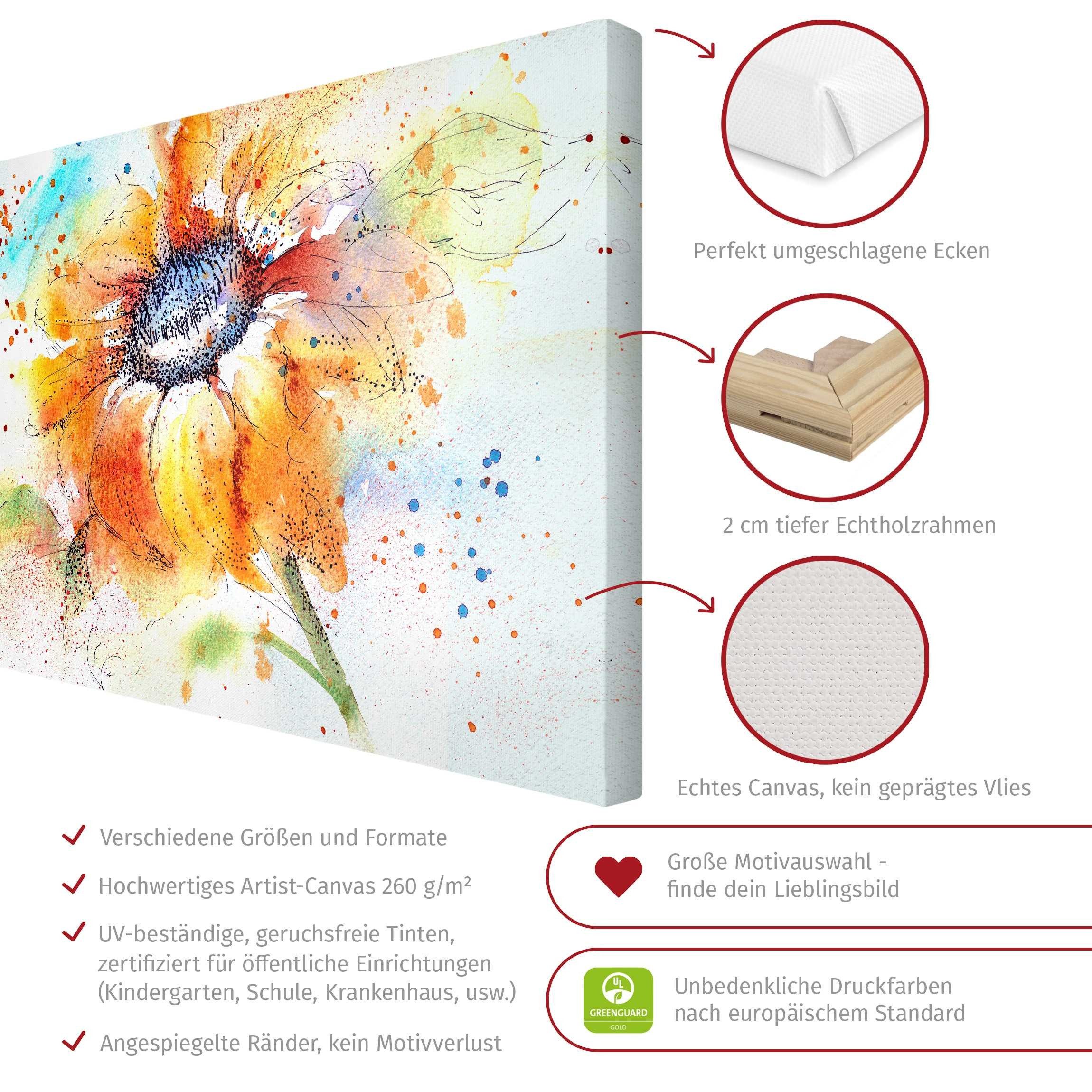 Bilderdepot24 Leinwandbild Blumen Natur Modern Aquarell Sonnenblume orange Bild auf Leinwand XXL, Blumen & Florales, Wohnzimmer Schlafzimmer Küche Flur Wandbild Kunstdruck Wanddeko Druck