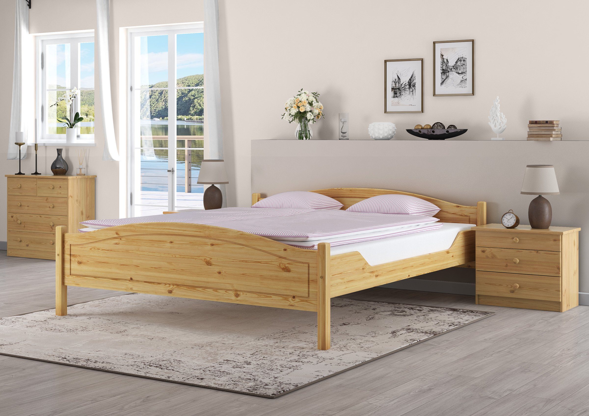 Doppelbett, Klassisches ERST-HOLZ Kiefer Bett Holzbett lackiert Kieferfarblos massiv 180x200