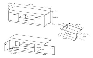 Furnix Wohnwand LIRYA Vitrinen niedrig und hoch, TV-Schrank, Couchtisch und Regal, hochwertig, Gesamt: B228,2 x H49,2 x T40 cm, made in EU