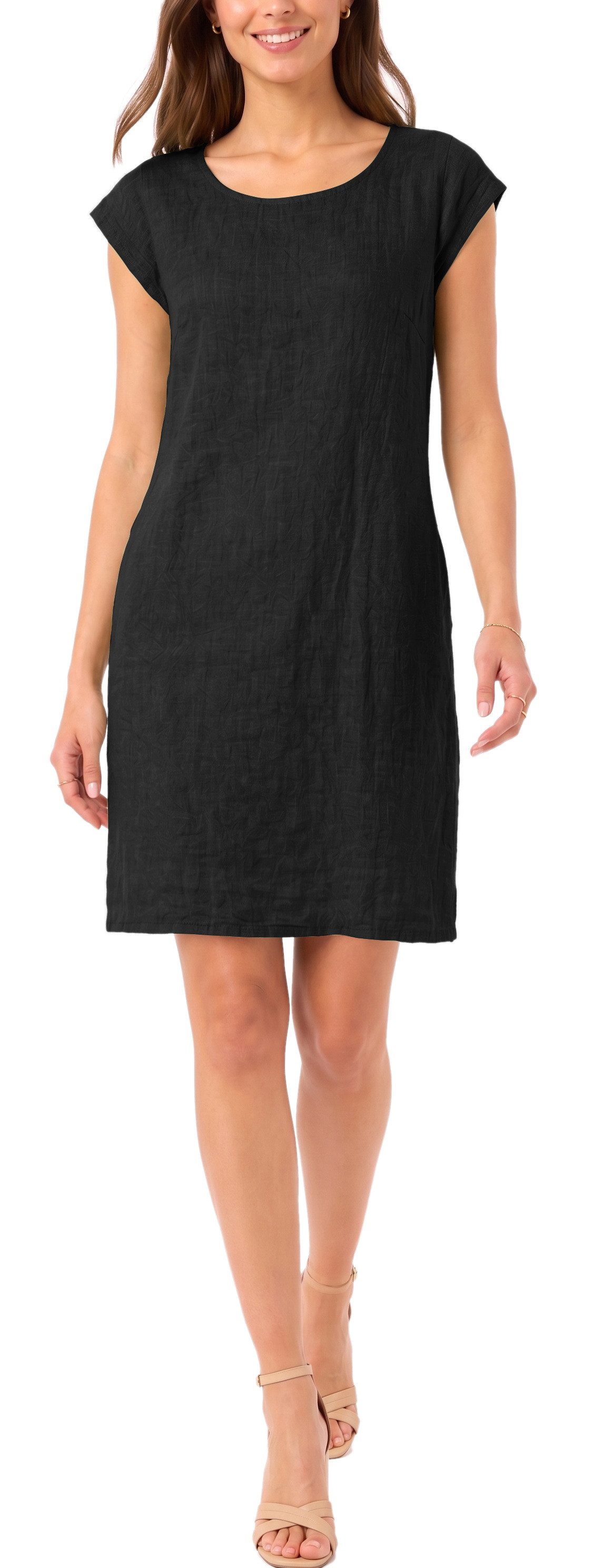 dy_mode Midikleid Einfarbiges Damen Leinenkleid Sommerkleid Kurzarm Midi Kleid in Unifarbe, mit Eingriffstaschen, leicht taillierte Passform