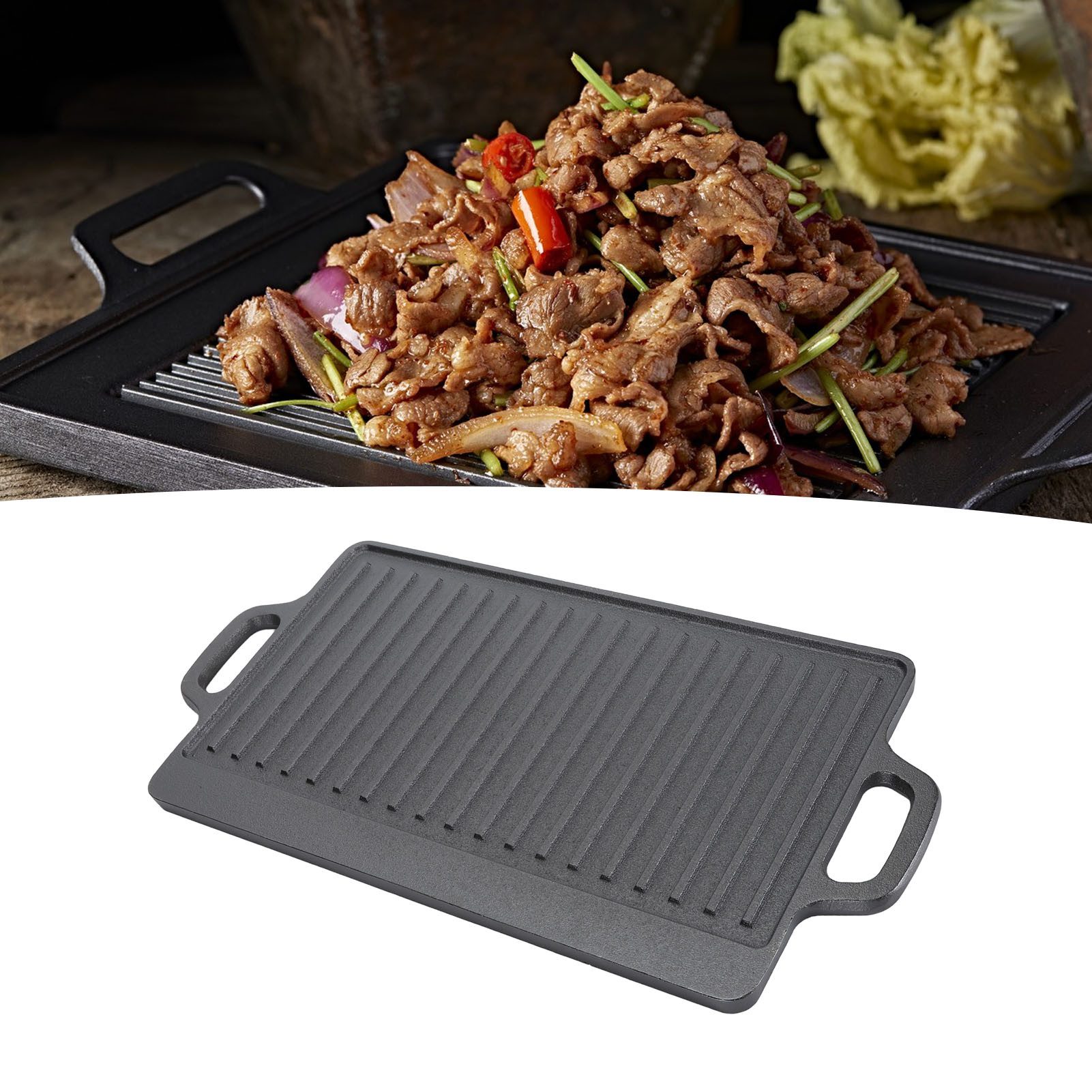 SURFOU Grillplatte Gusseisen Grill- und Grillplatte – beidseitig, Koch- & Backpfanne (Einzelpfanne / Koch- und Grillplatte, Beidseitig verwendbar, gerillte Grillfläche, glatte Kochfläche, ca. 50,5 × 23,5 × 1,4 cm, Geeignet für Herd, Backofen, Grill oder offenes Feuer (Outdoor-Camping), 1-St), Antihaft, vorgewürzt, zwei integrierte Griffe